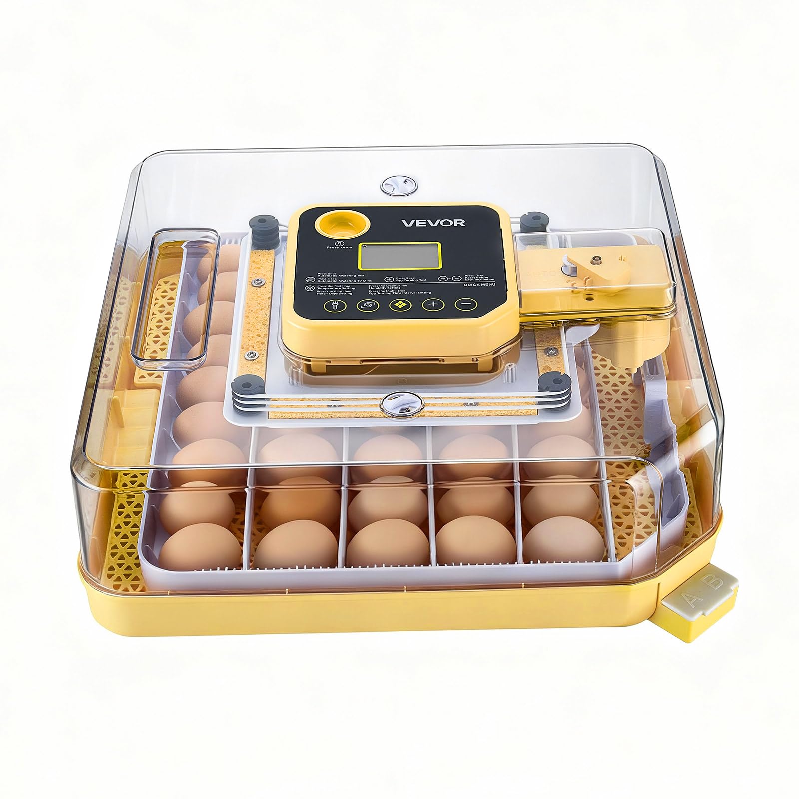 VEVOR front view of 48 egg incubator showing clear window and compact form for easy monitoring