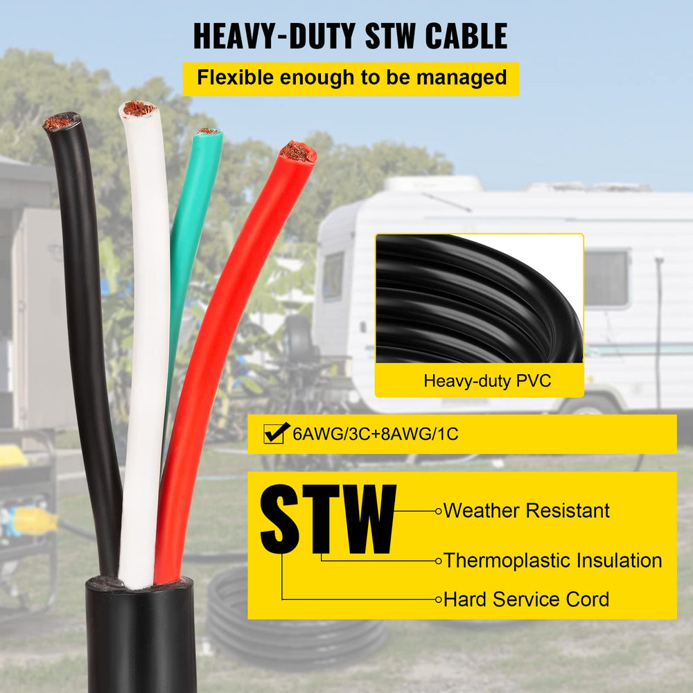 VEVOR cord plugged into generator showing safe distance placement and secure power delivery