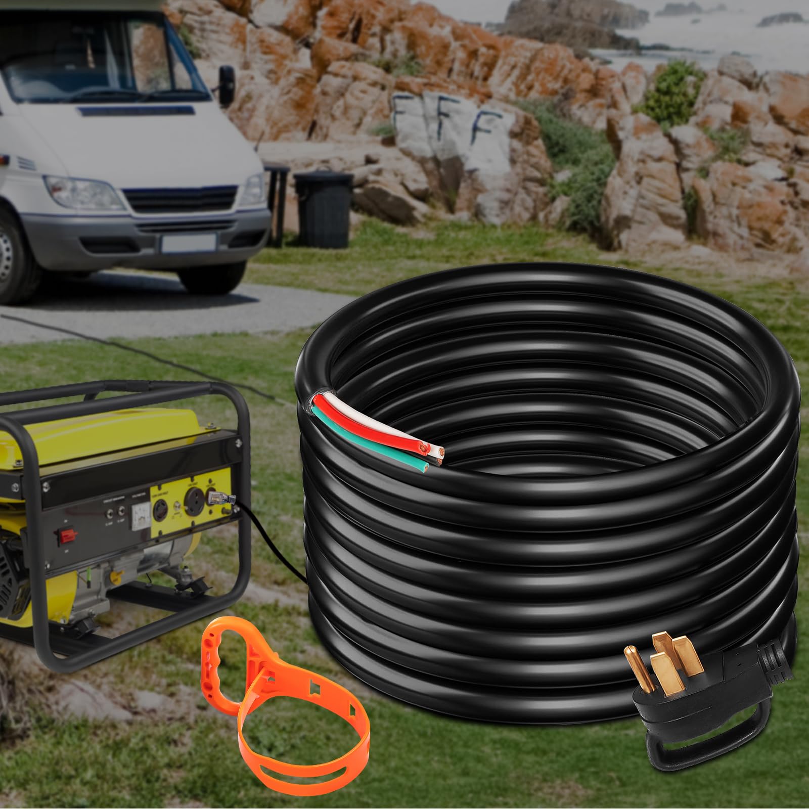 VEVOR RV hookup lifestyle image illustrating reliable campground power connection