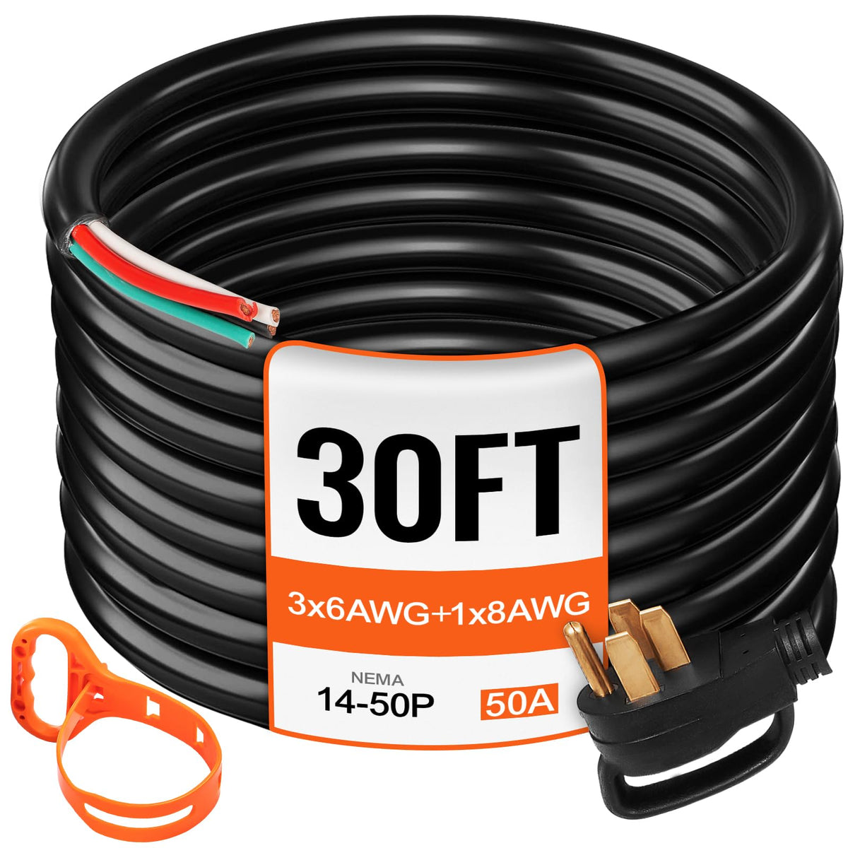 VEVOR front view of 30ft 50A RV power cord showing plug and cable, durable connector benefit