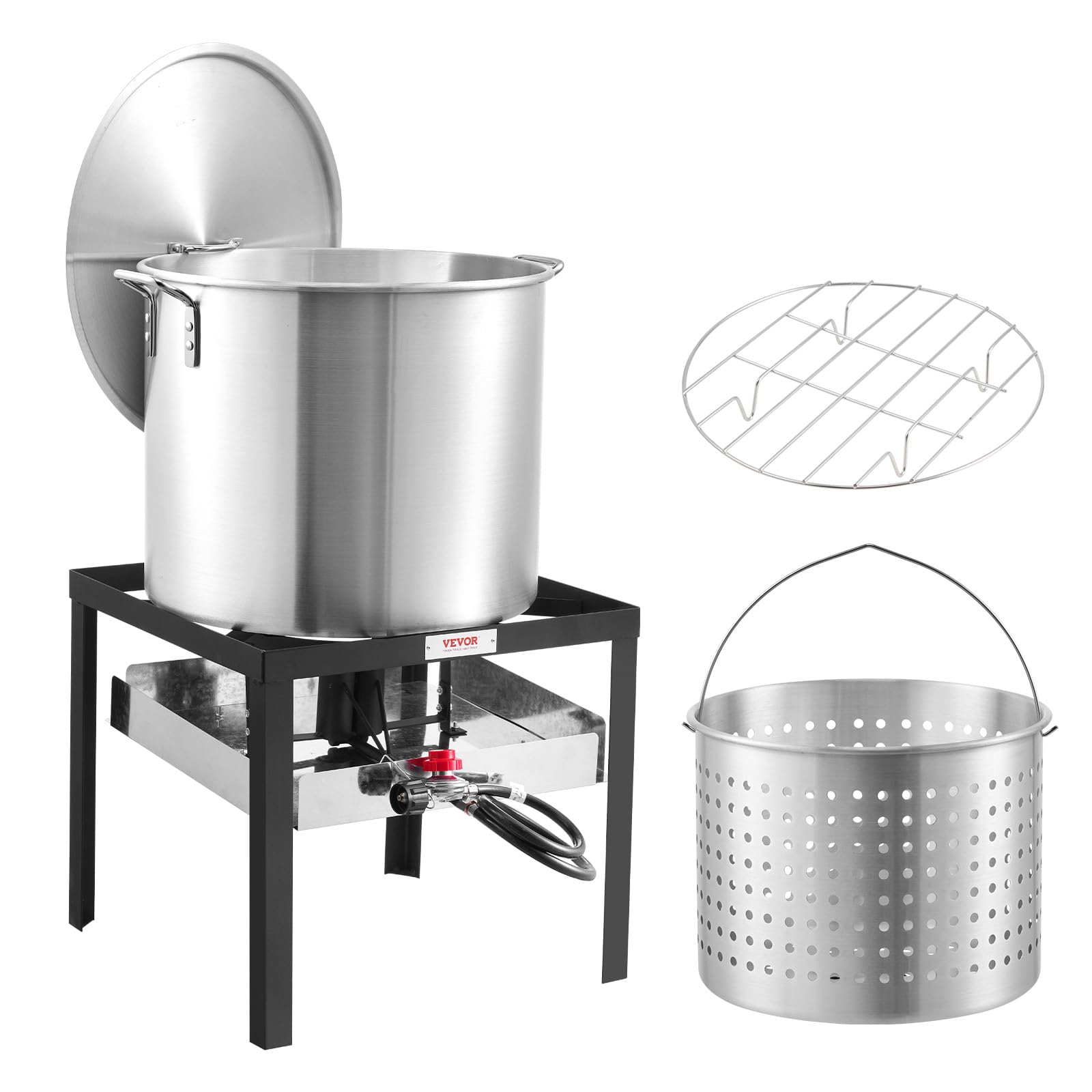 VEVOR front view of 60 Qt seafood boiling kit showing complete set and benefits
