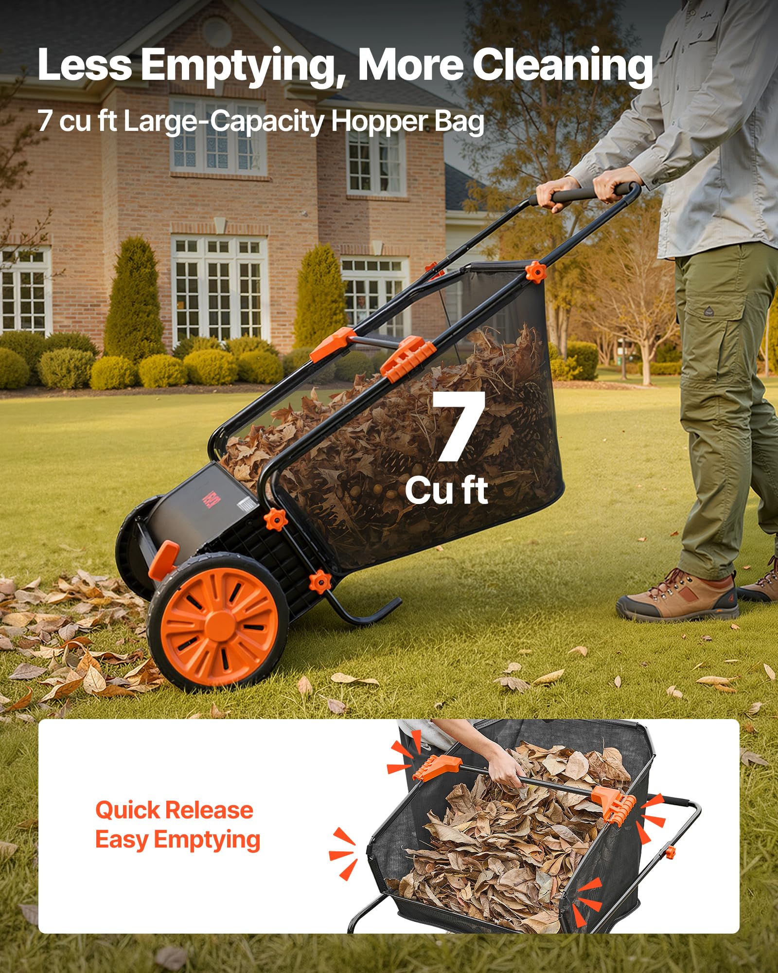 VEVOR hopper filled with leaves illustrating 7 cubic foot capacity and fewer dumps