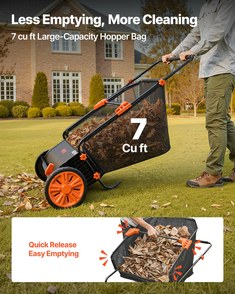 VEVOR hopper filled with leaves illustrating 7 cubic foot capacity and fewer dumps