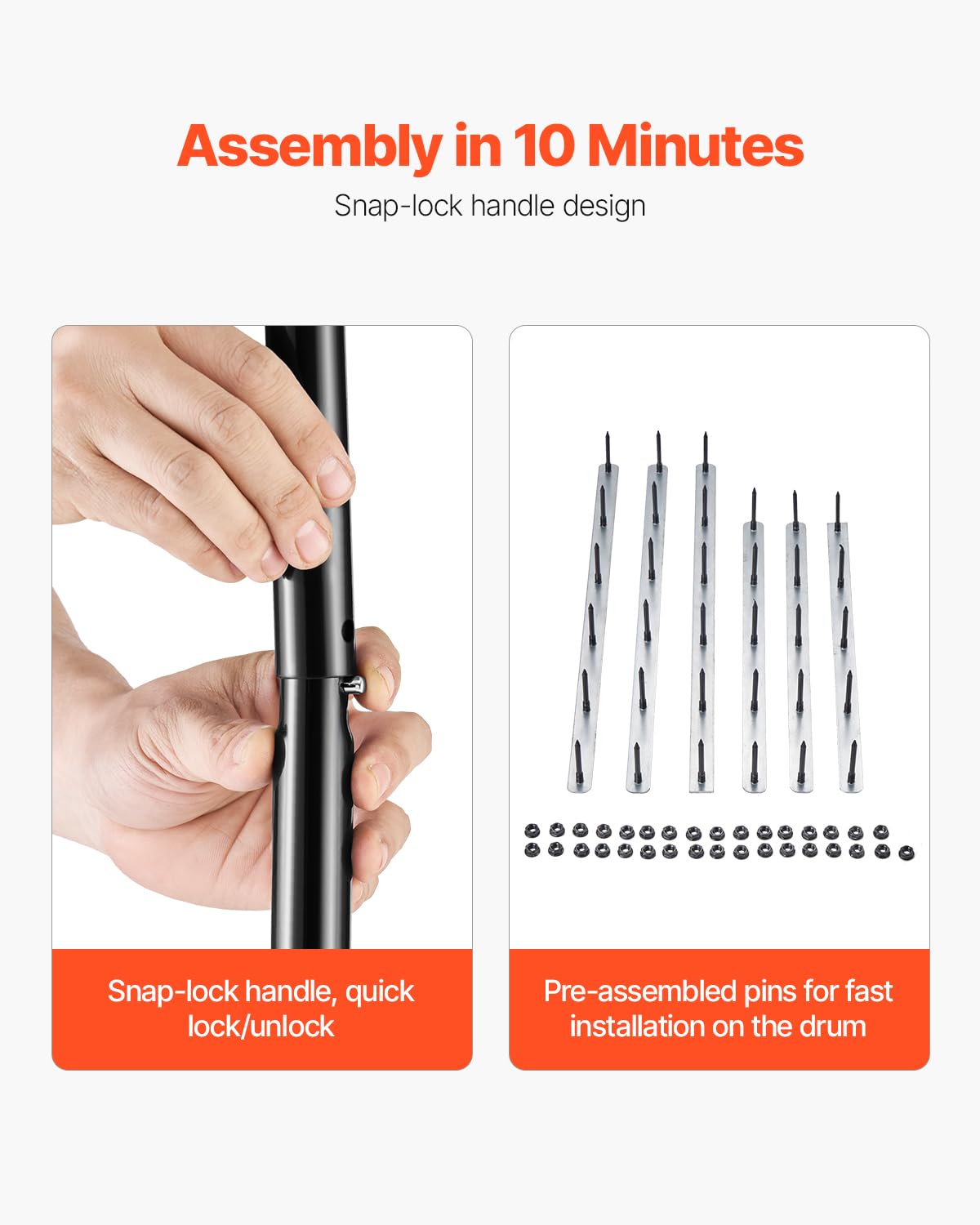 VEVOR size comparison next to a garden rake to show working width and scale