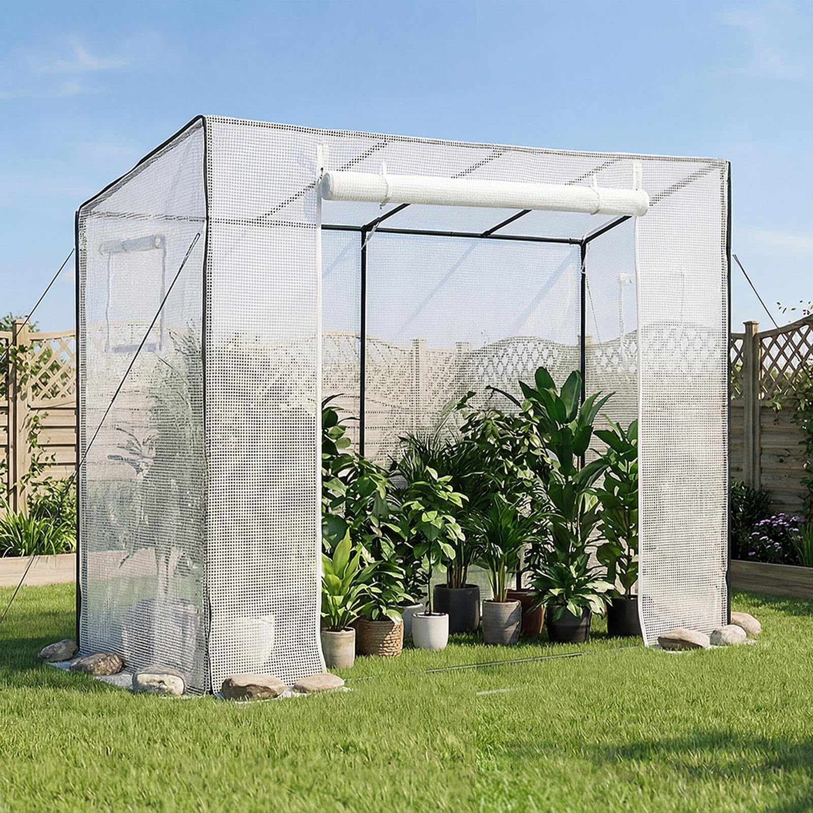 VEVOR ground stakes and guy ropes securing greenhouse for windy weather