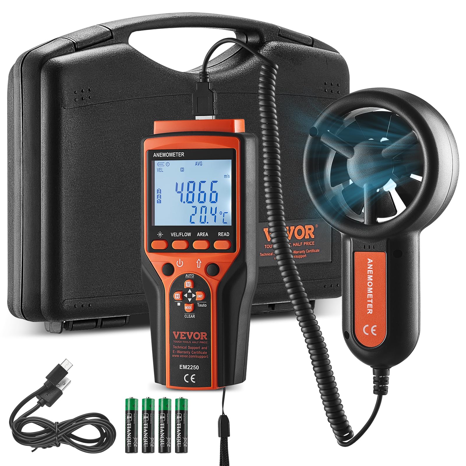 VEVOR anemometer front display showing readings and benefit of clear controls