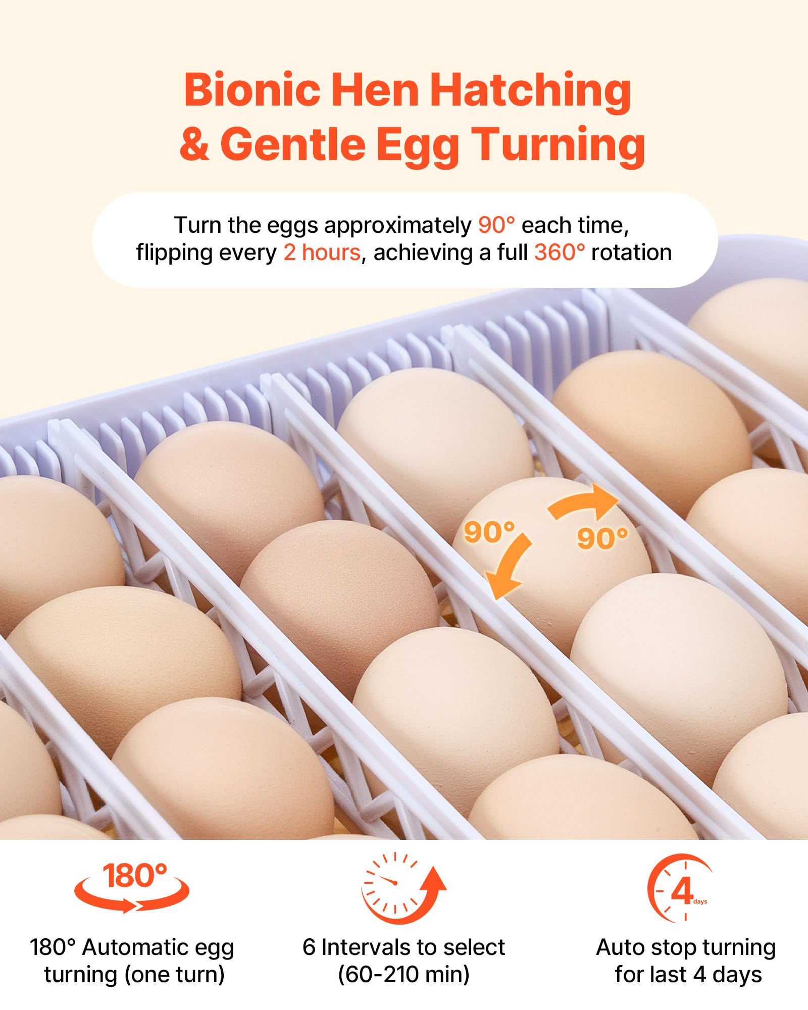 VEVOR automatic egg turning mechanism close-up ensuring balanced rotation and reduced handling