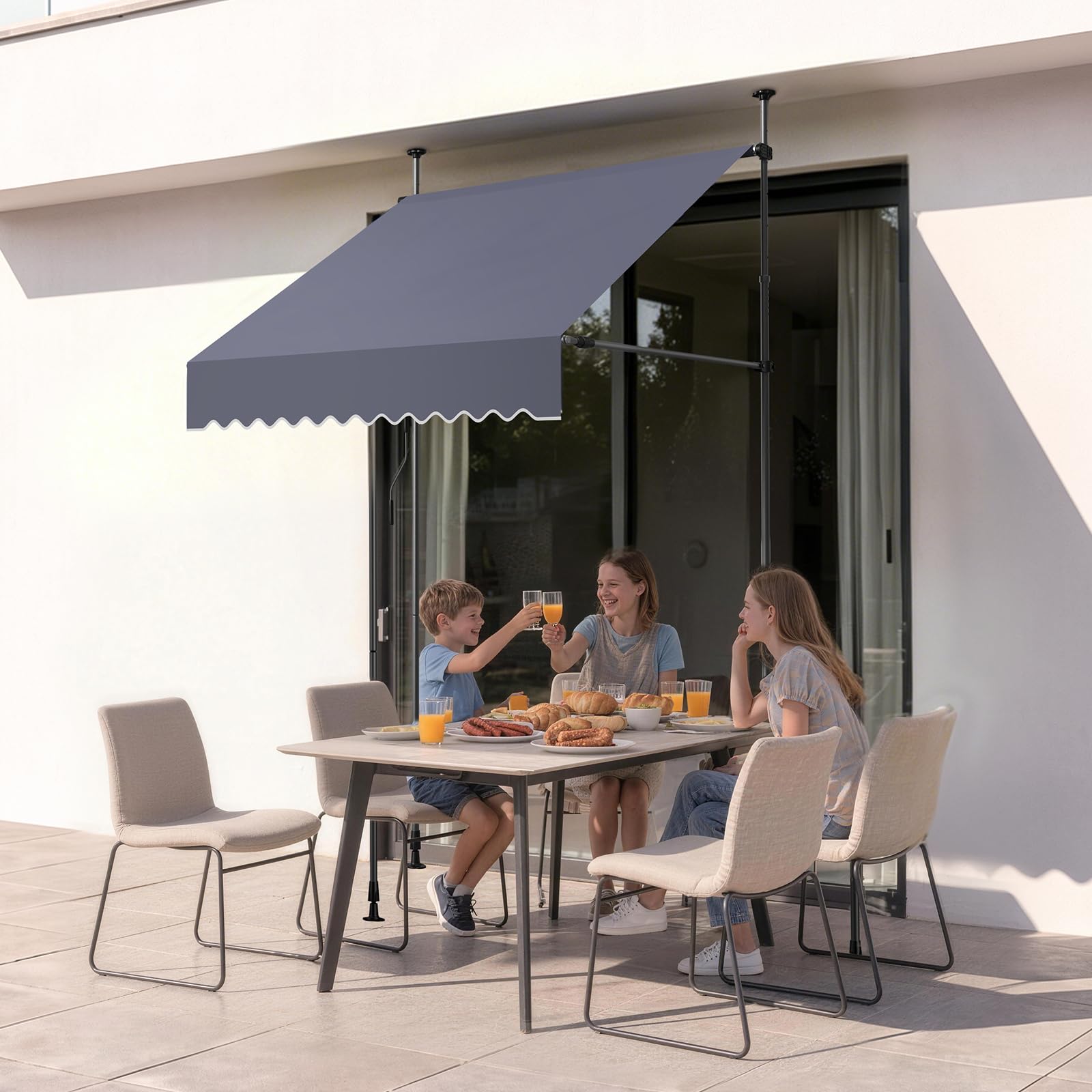 VEVOR awning in use over patio illustrating cool shaded outdoor space