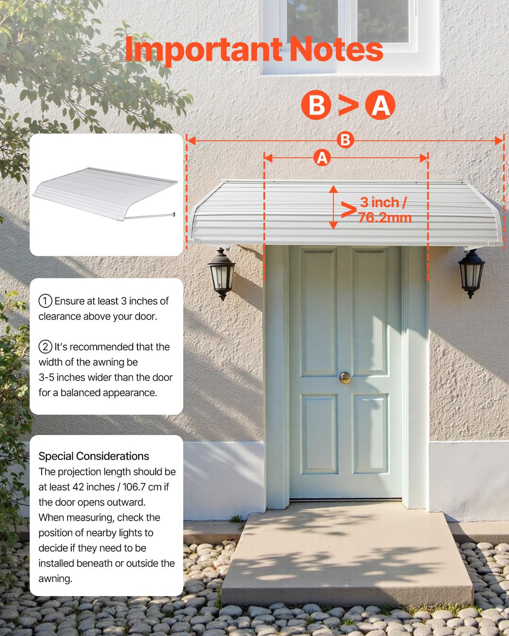 VEVOR awning mounted over door protecting doorway from rain and sunlight