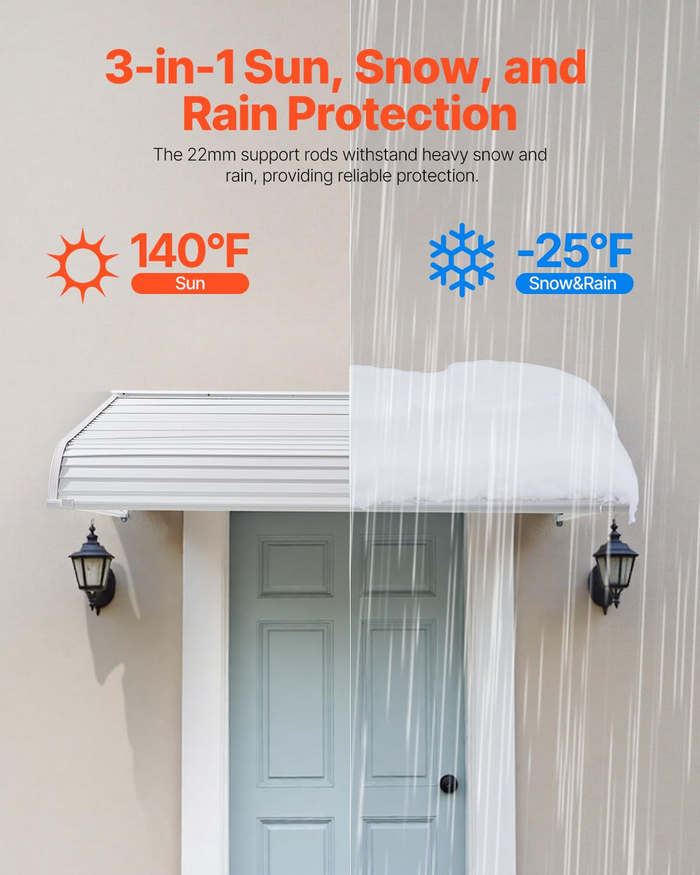 VEVOR awning side profile illustrating curved edge and water runoff benefit