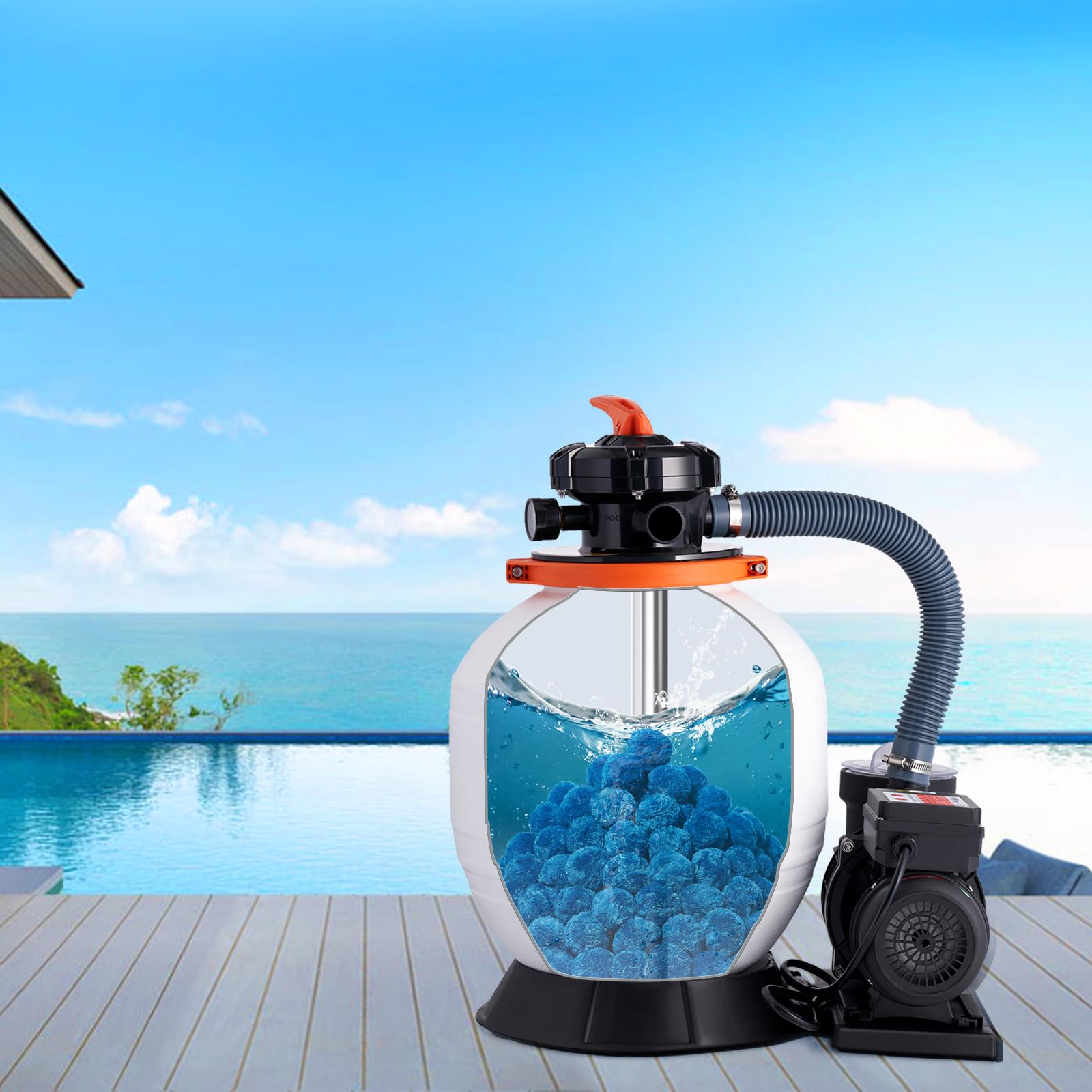 VEVOR filter balls during backwash showing simple maintenance benefit