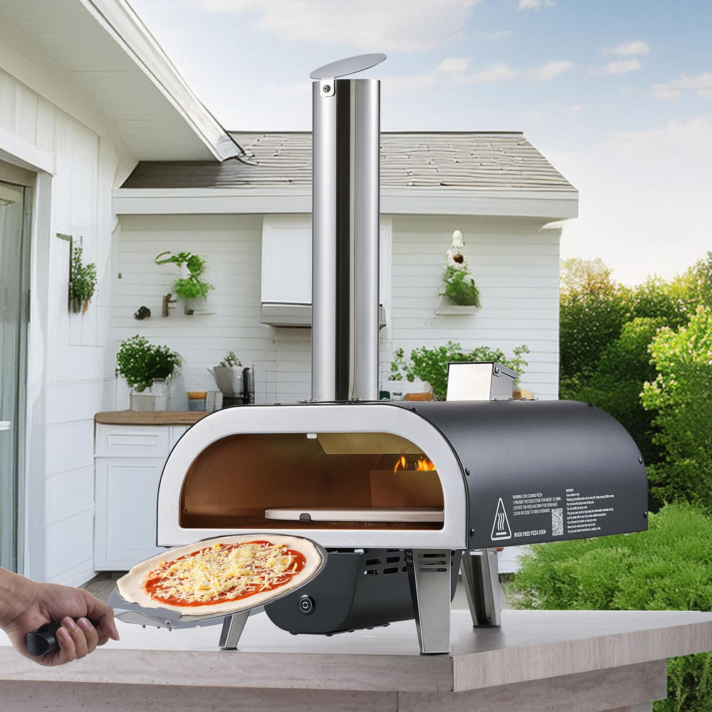 VEVOR in backyard with people serving pizza showcasing outdoor entertaining benefit