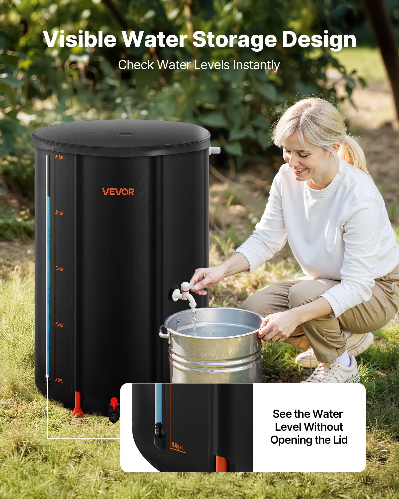 VEVOR rain barrel in garden capturing runoff for irrigation benefit
