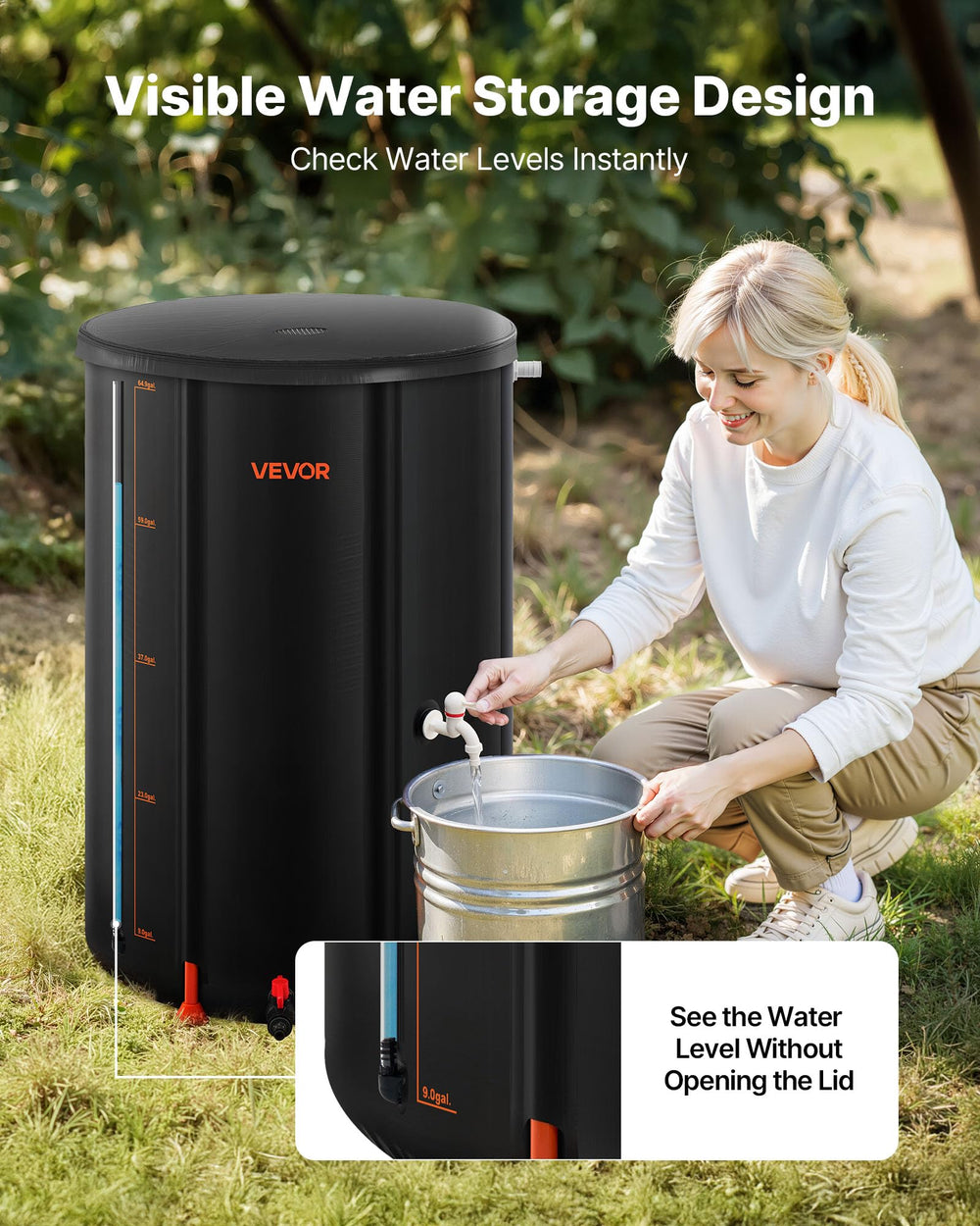 VEVOR rain barrel in garden capturing runoff for irrigation benefit
