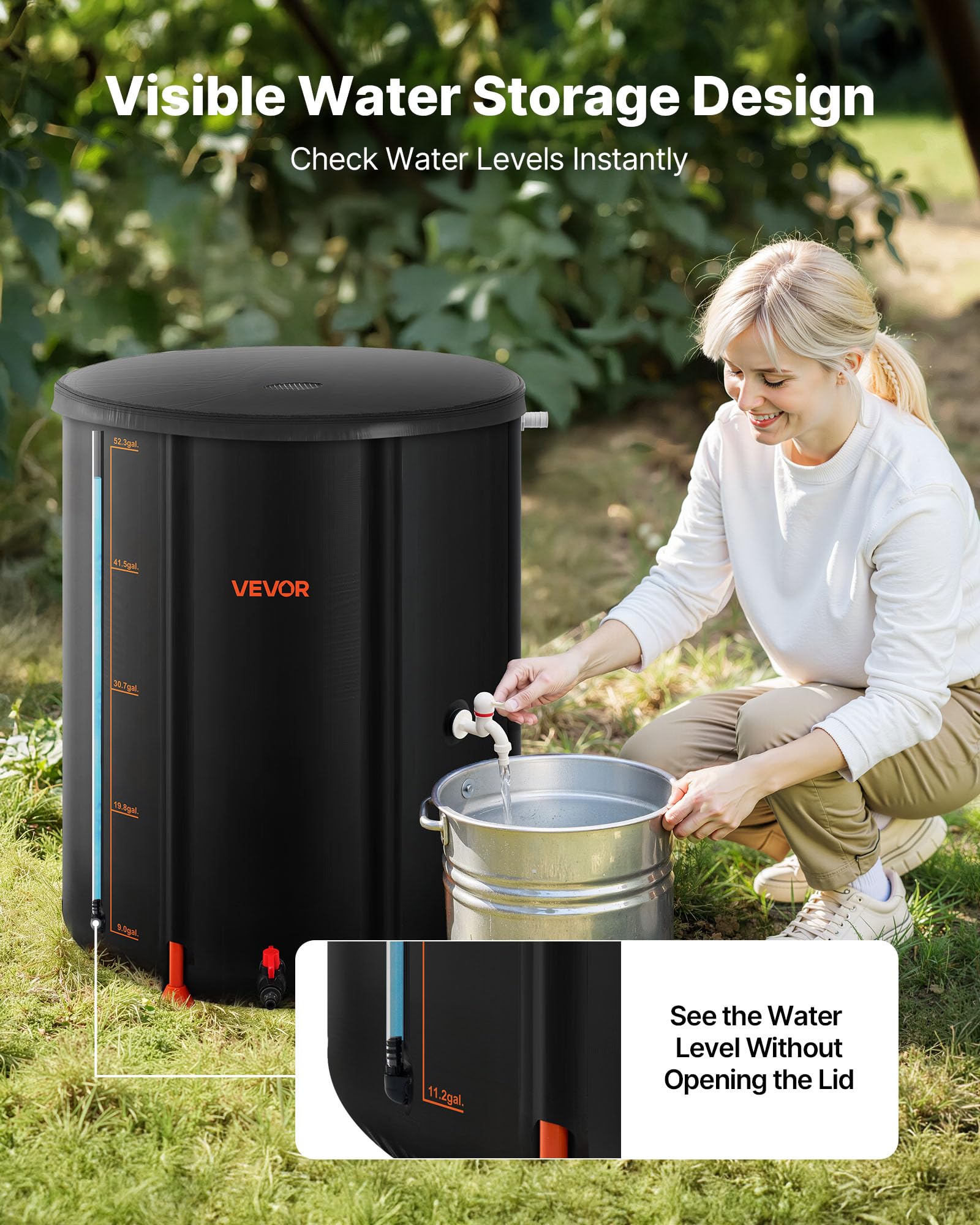 VEVOR rain barrel placed beside plants to reduce tap water use