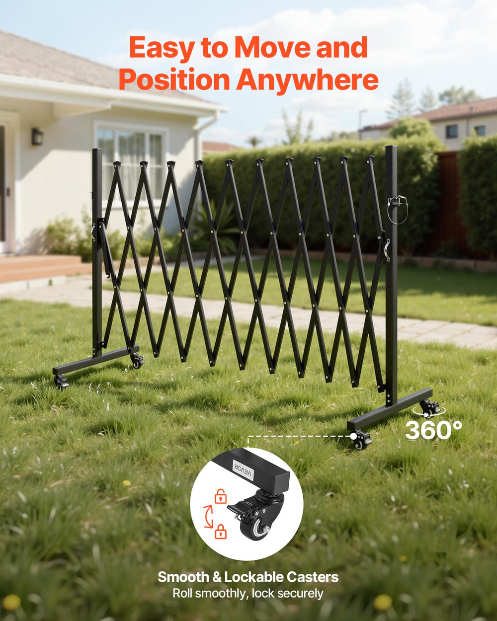 VEVOR lockable caster detail highlighting smooth mobility and secure-lock benefit