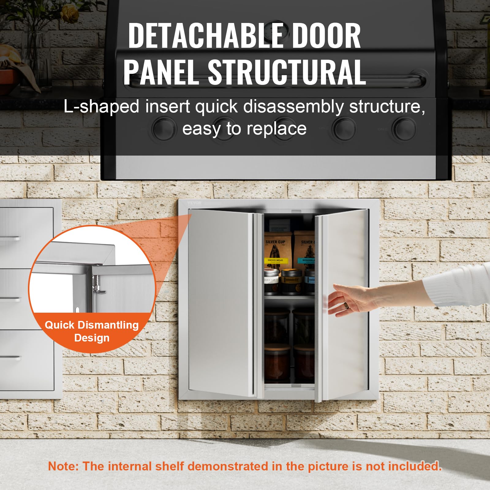 VEVOR access door installed in an outdoor BBQ island showing neat, weatherproof integration