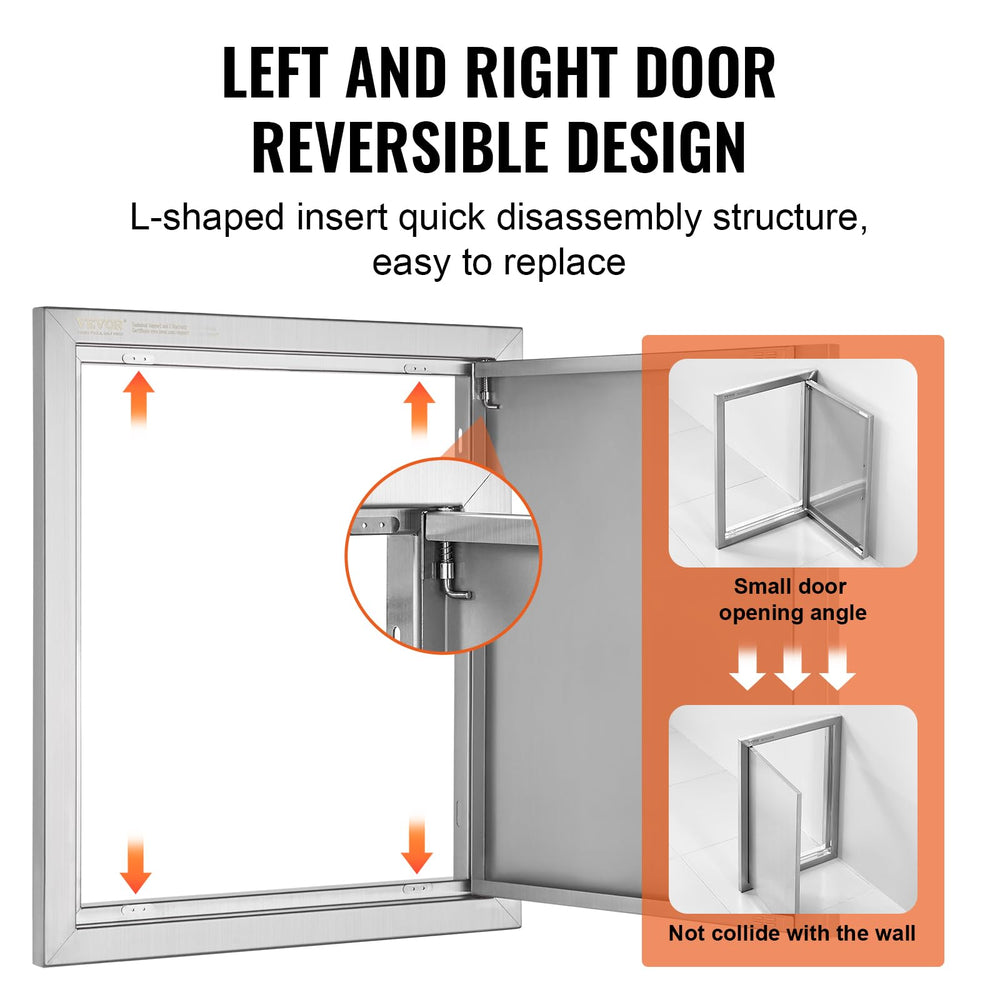 VEVOR hinge close-up showing reversible hinge mechanism for left or right swing