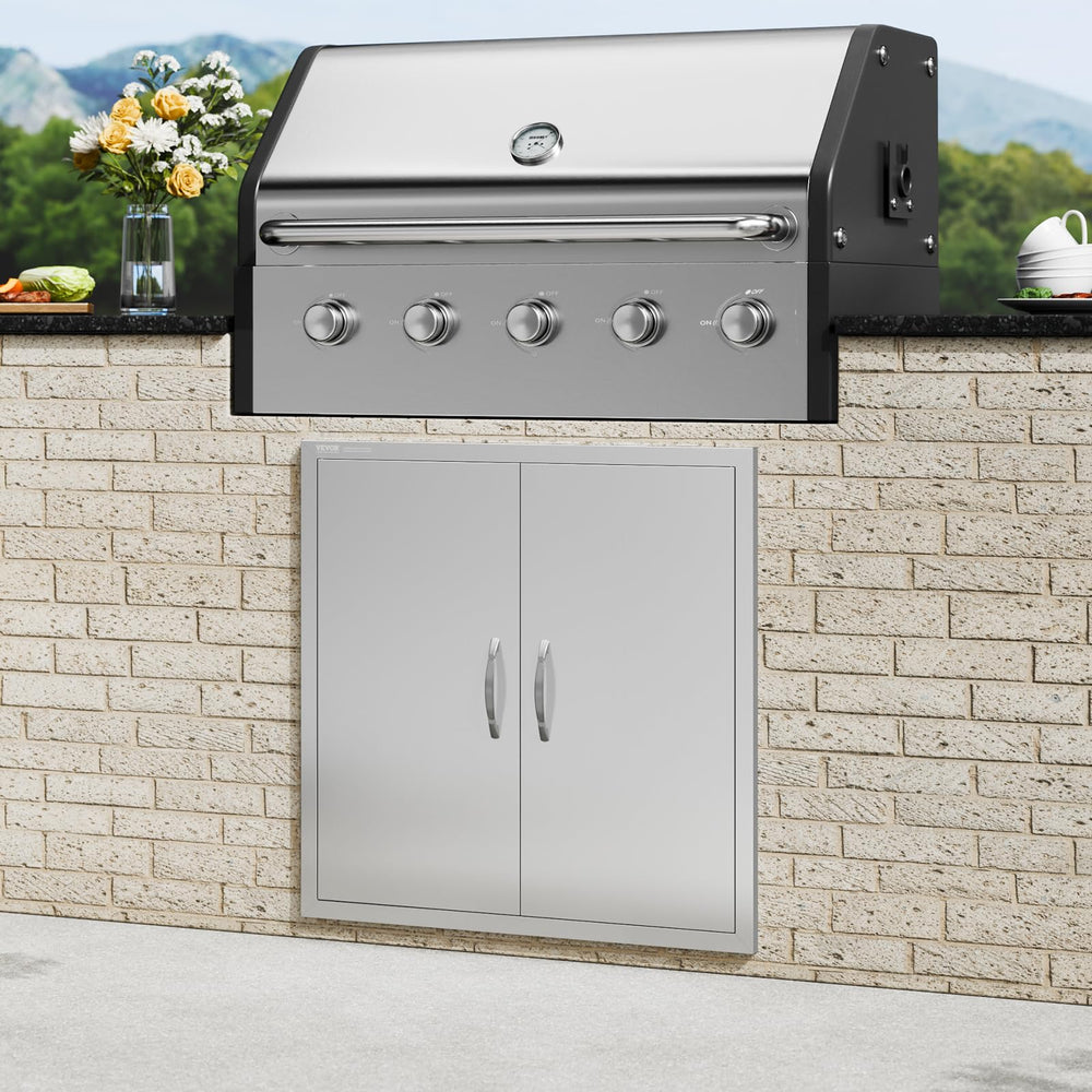VEVOR door beside grill for scale showing 31x31 inch proportions for islands
