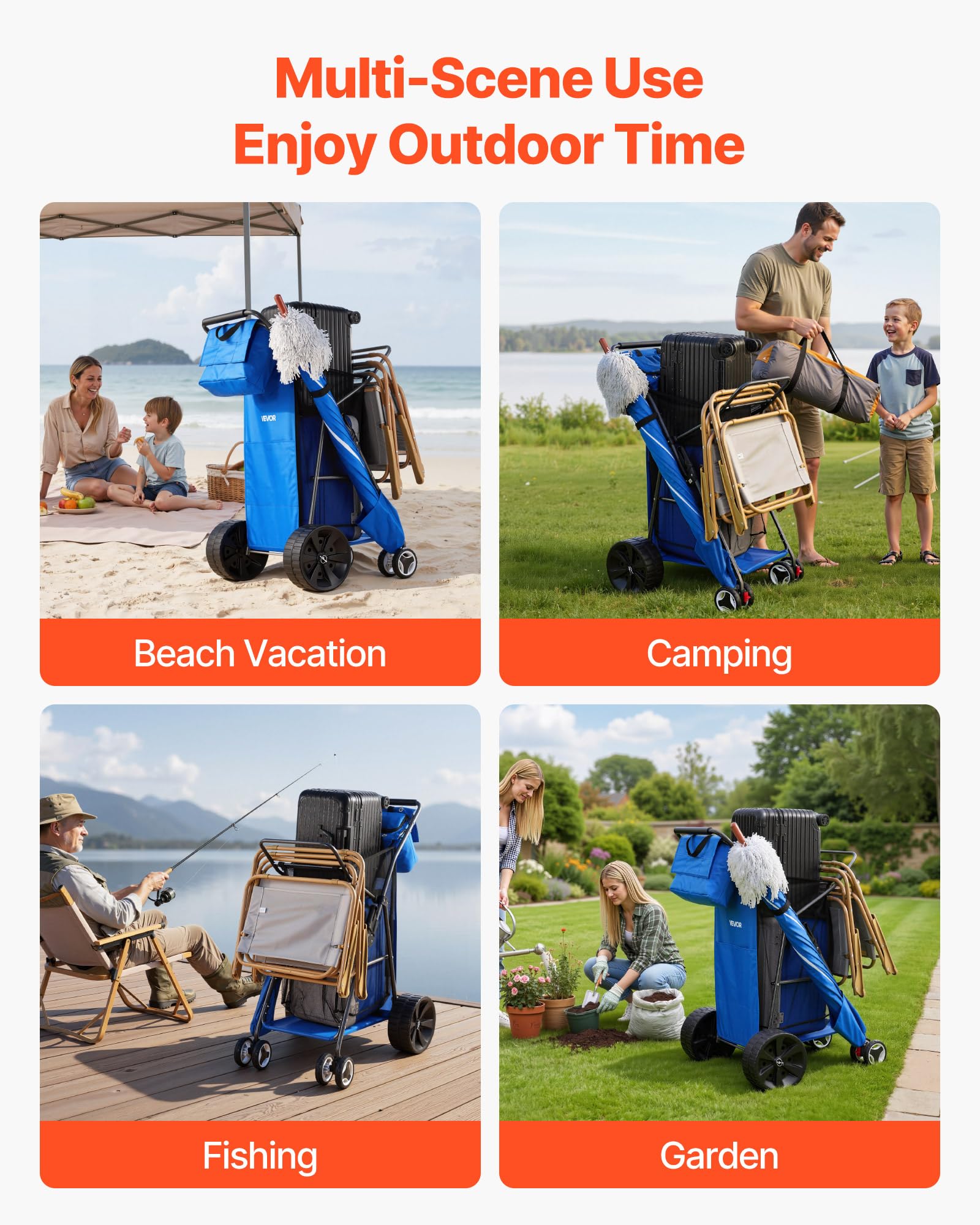 VEVOR cart rolling on sand demonstrating easy beach mobility benefit