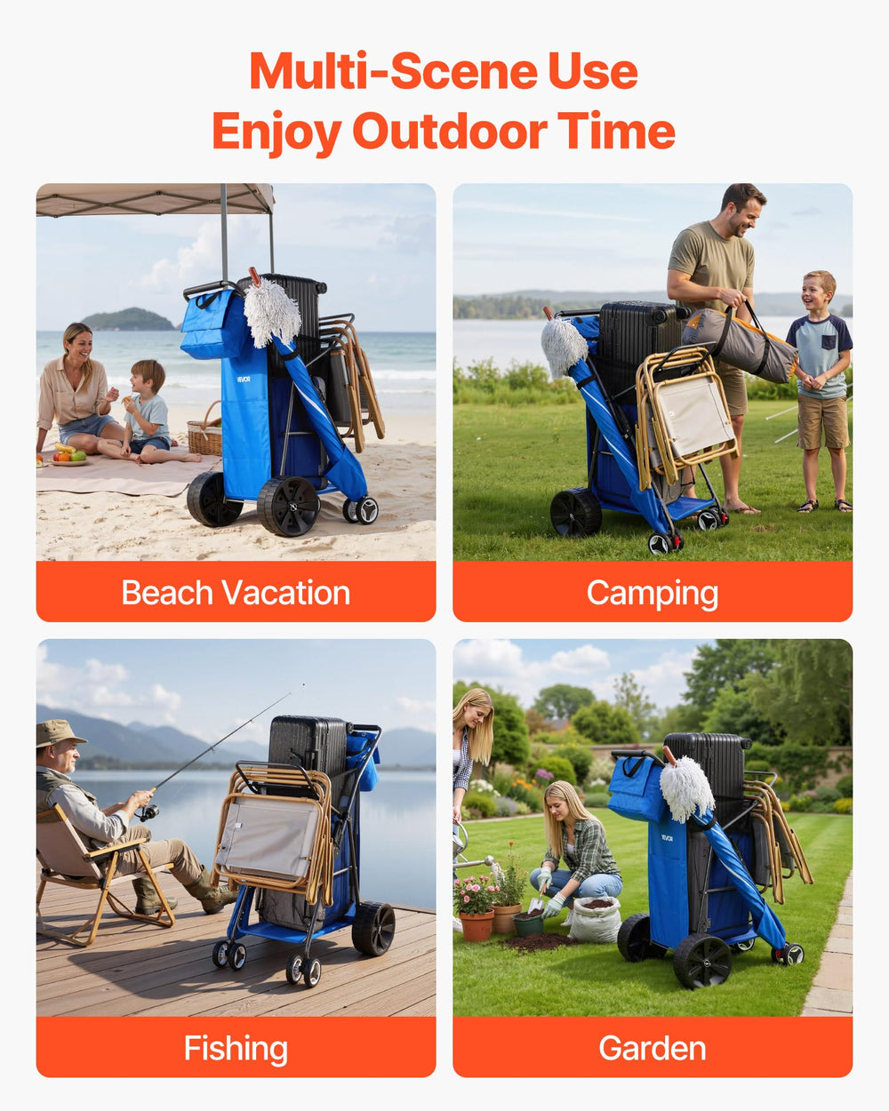 VEVOR cart rolling on sand demonstrating easy beach mobility benefit