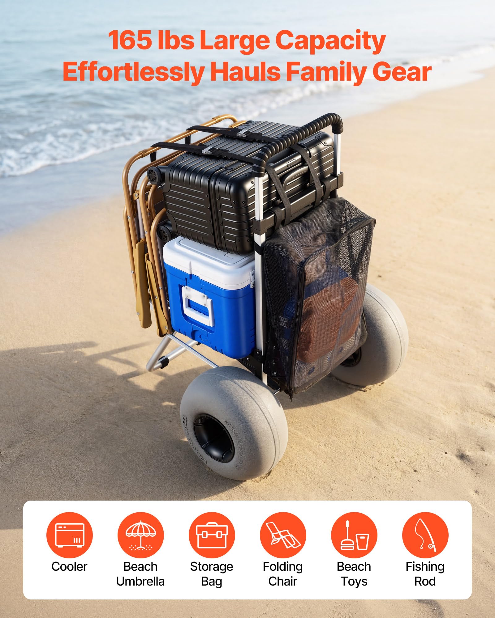 VEVOR beach dolly cargo deck detail showing durable 20x15 platform