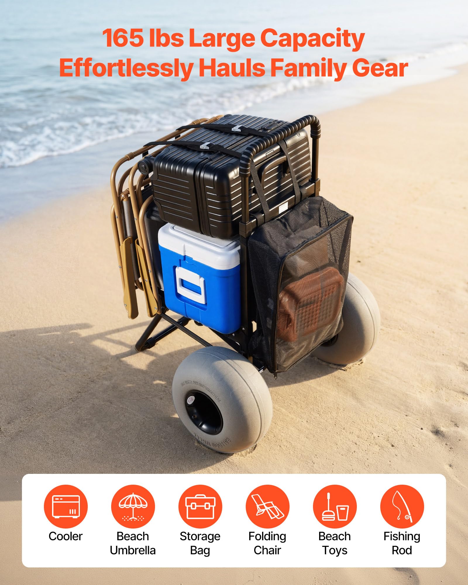 VEVOR loaded cargo deck with cooler and chairs demonstrating capacity