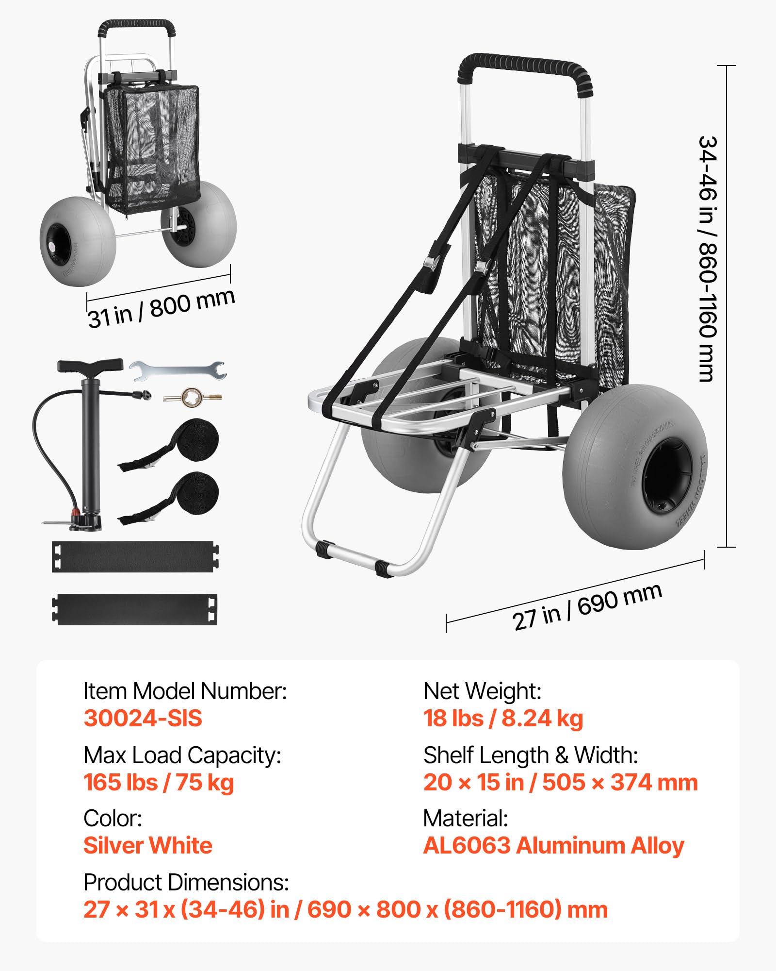 VEVOR beach dolly next to backpack showing scale and portable size