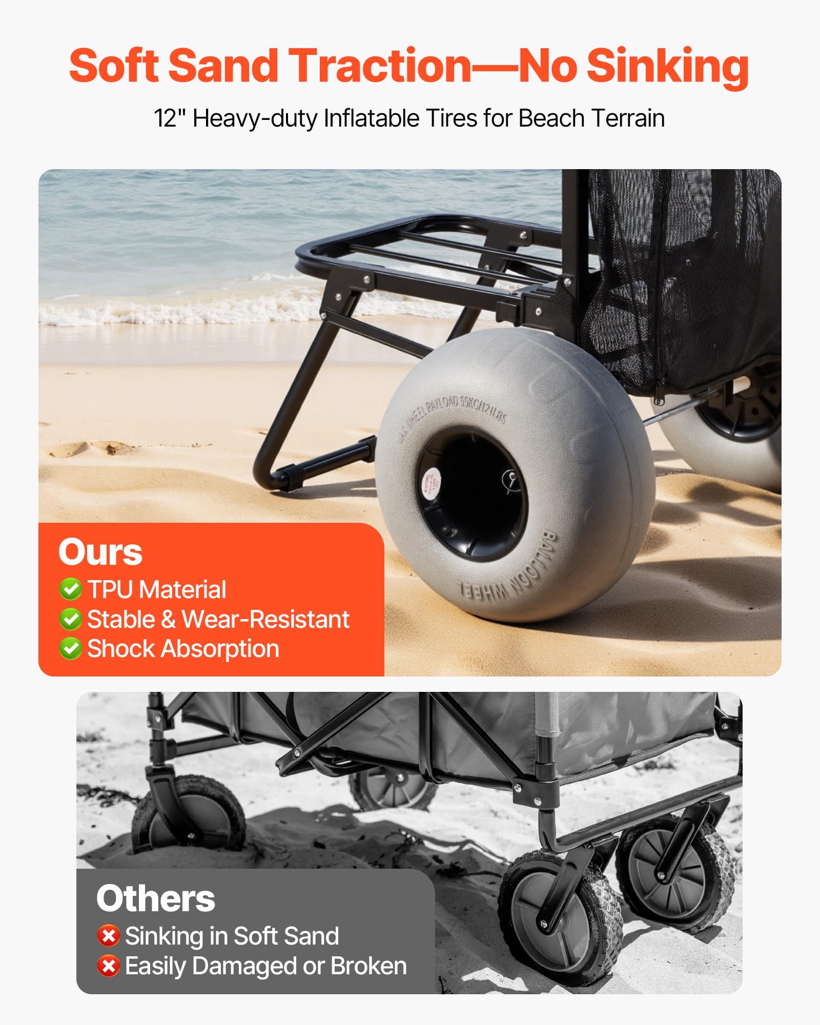VEVOR close-up of 12-inch balloon wheel providing smooth sand rolling
