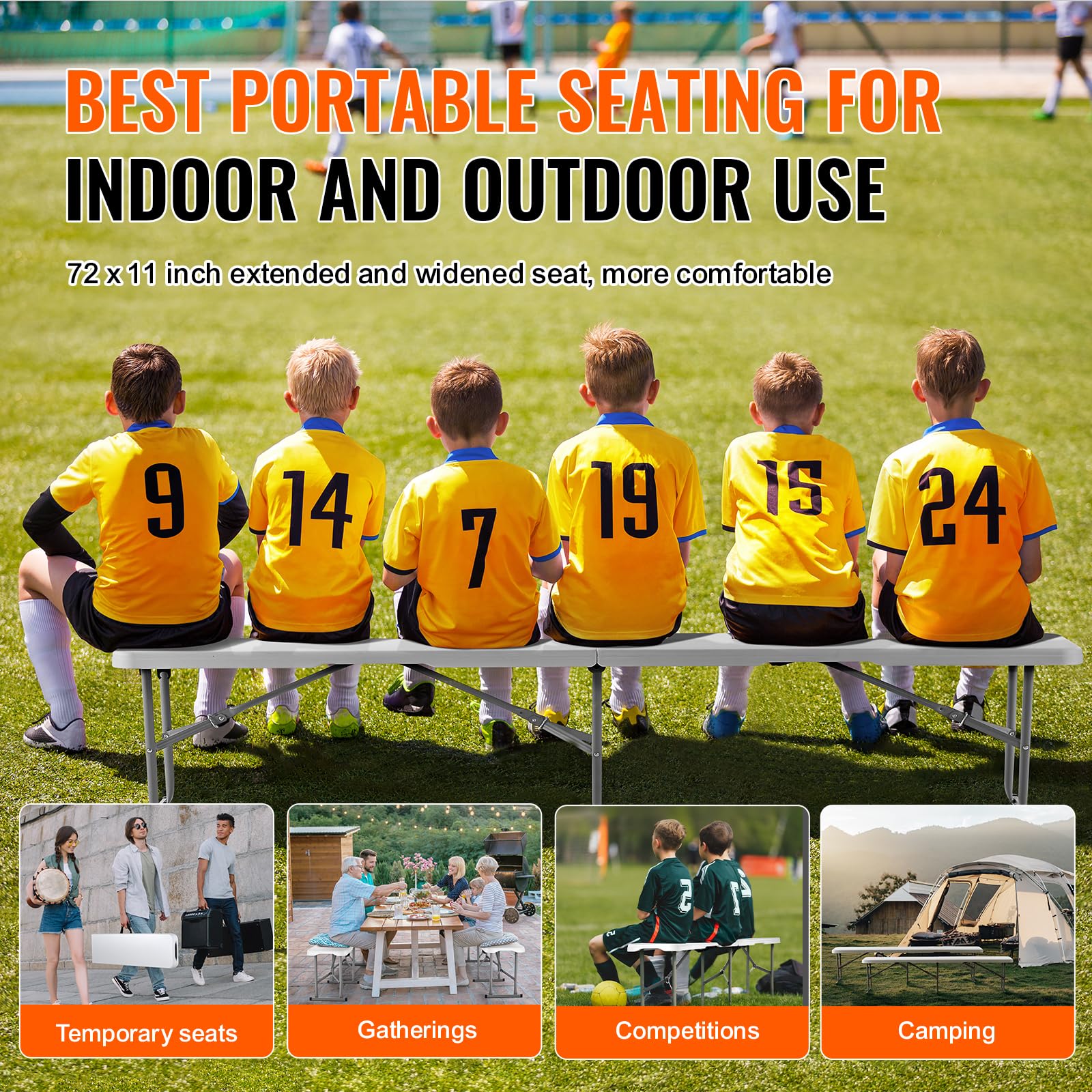 VEVOR bench at picnic table showing quick deployment and easy cleaning benefit