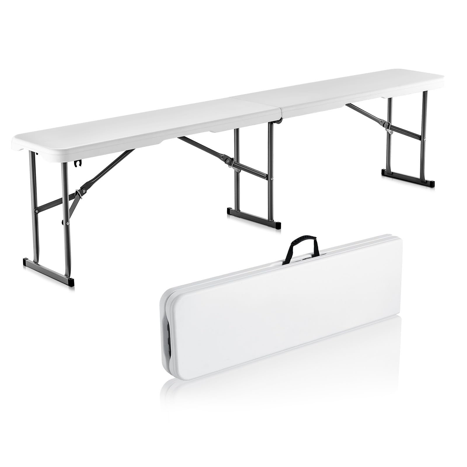 VEVOR front view of 6ft white folding bench showing full seating and clean look