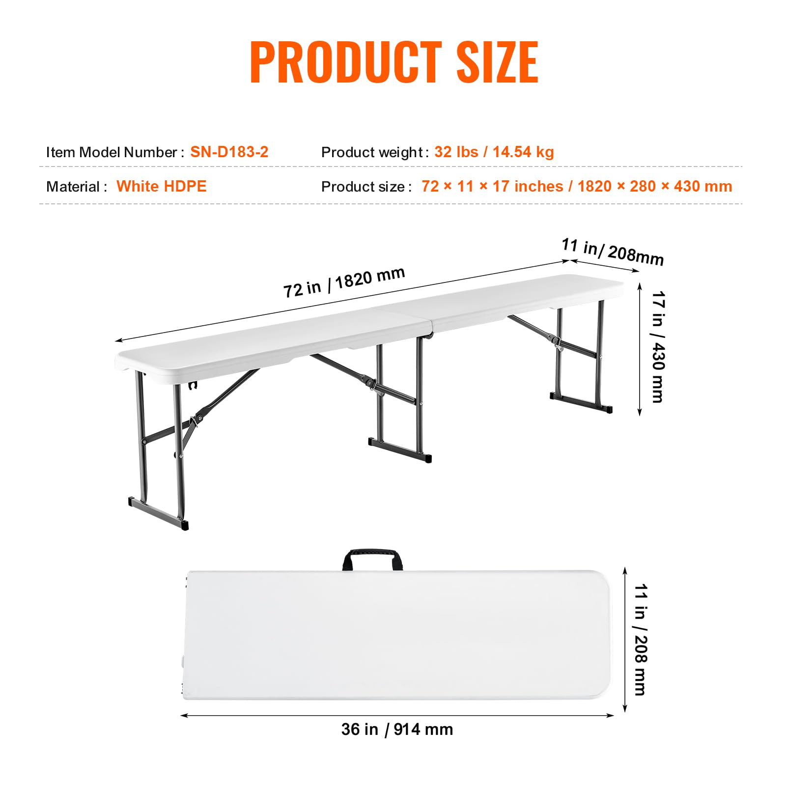 VEVOR bench beside a person illustrating size and seating capacity for events