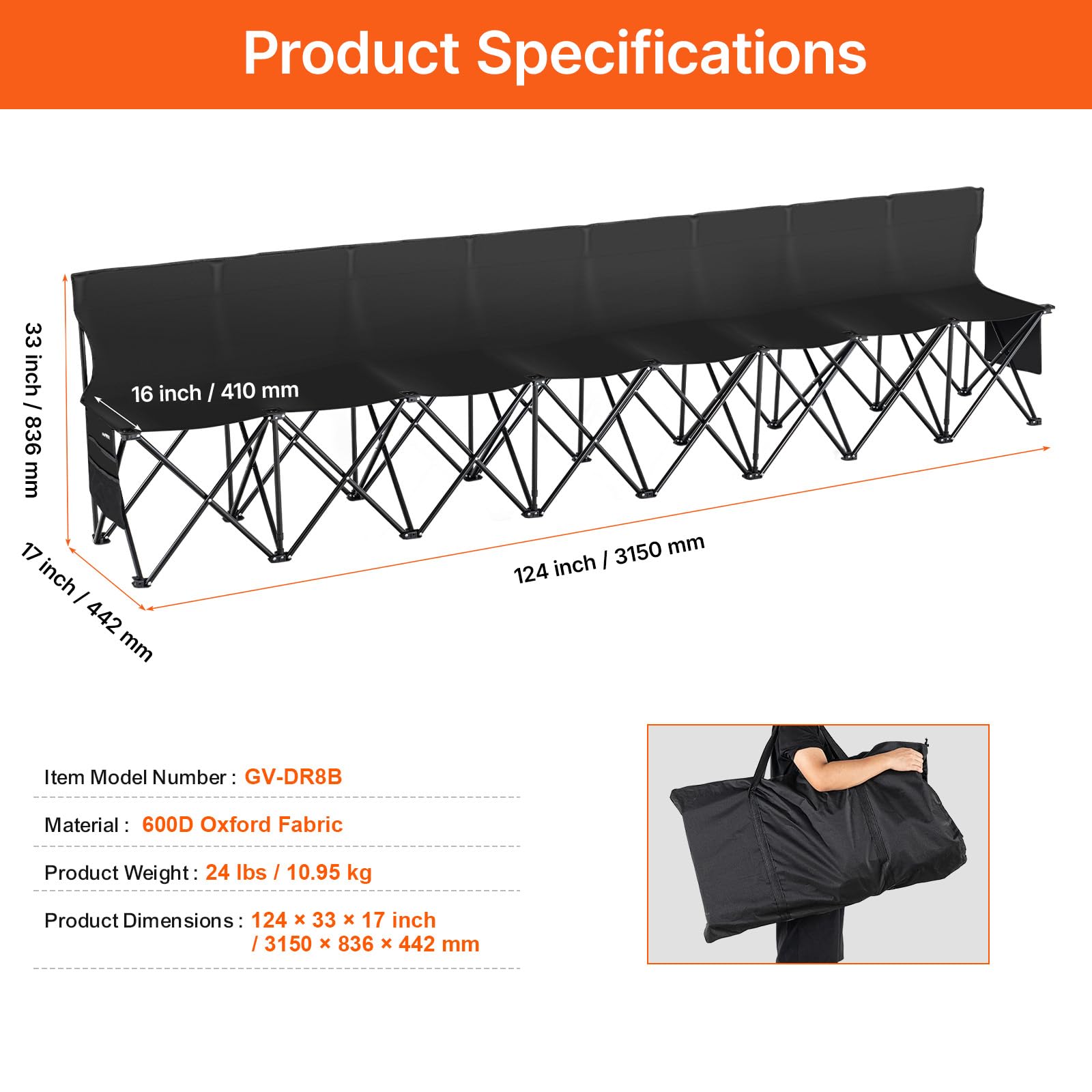 VEVOR bench with people for scale demonstrating eight-seat capacity