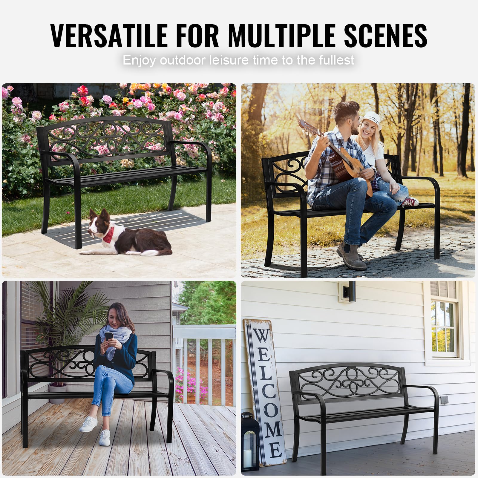 VEVOR bench with two people showing 550 lb capacity and scale