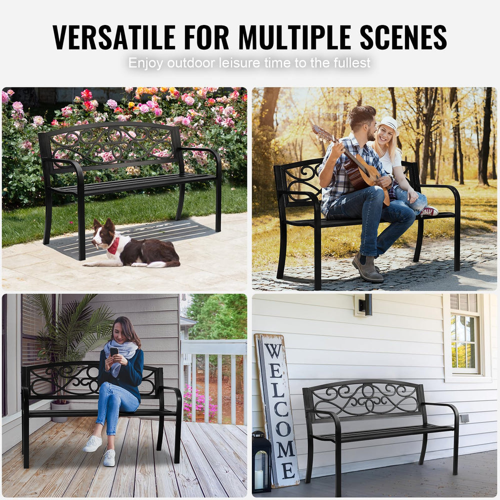 VEVOR bench with two people showing 550 lb capacity and scale