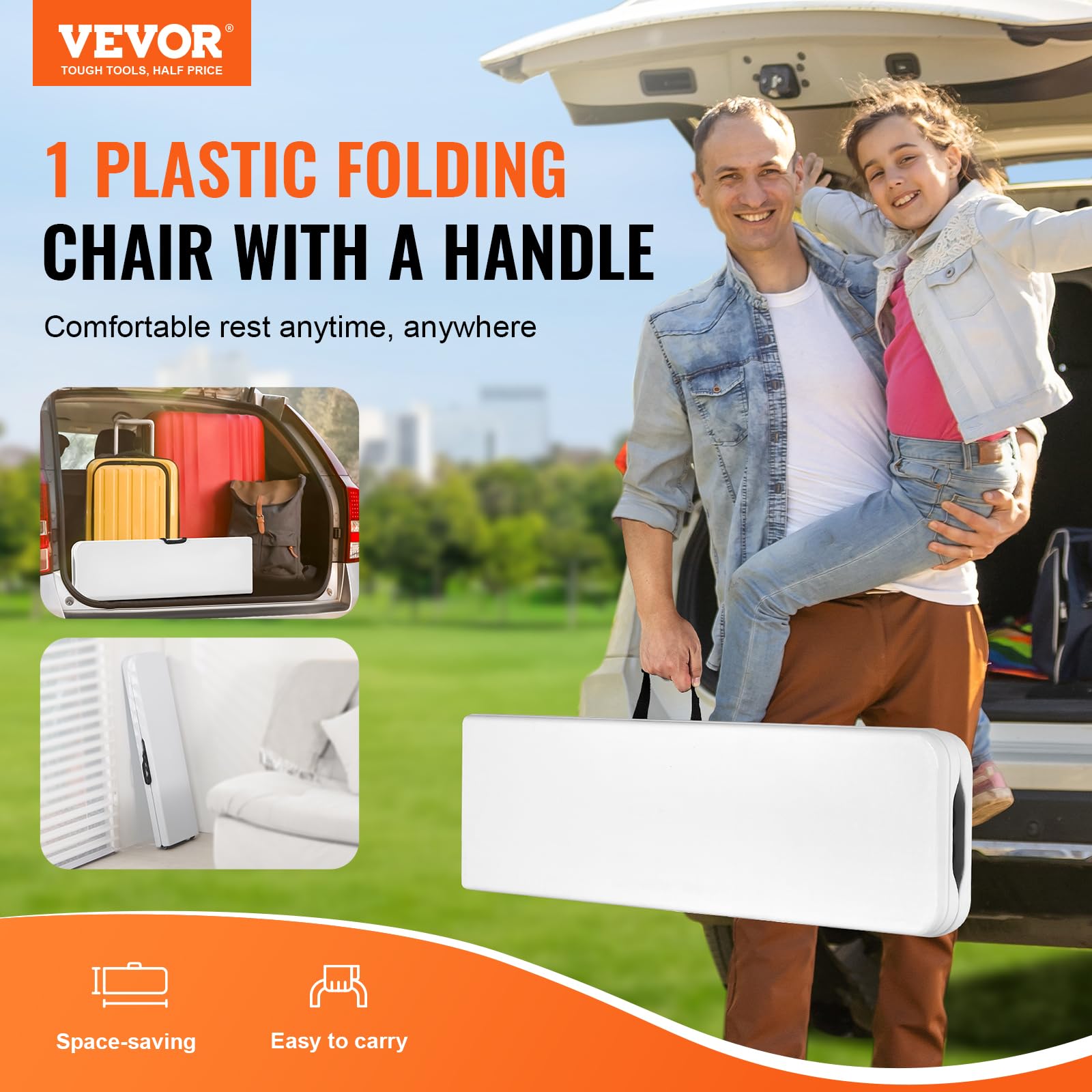 VEVOR closeup side profile of bench demonstrating slim folded footprint benefit
