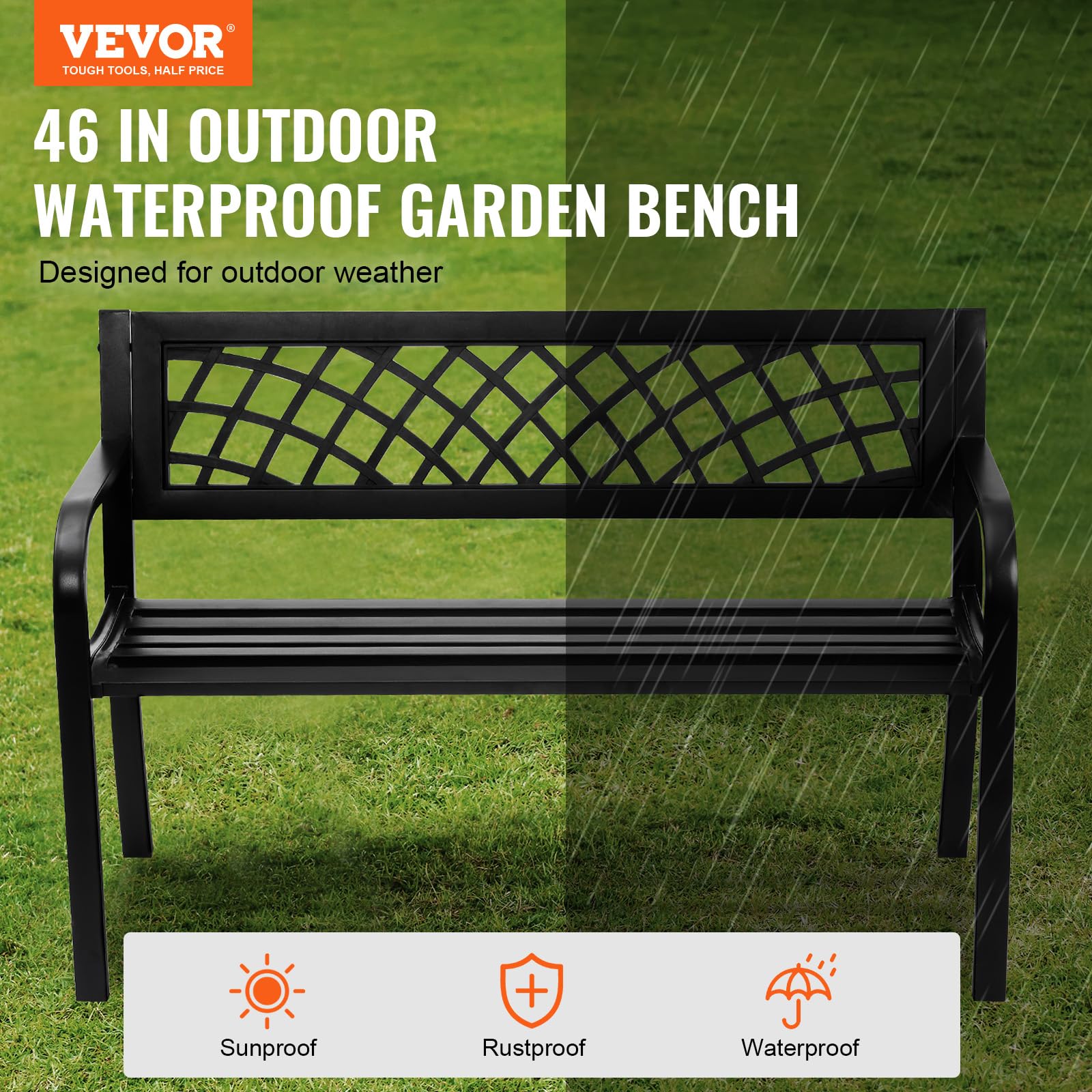 VEVOR bench side profile highlighting curved armrests and back angle