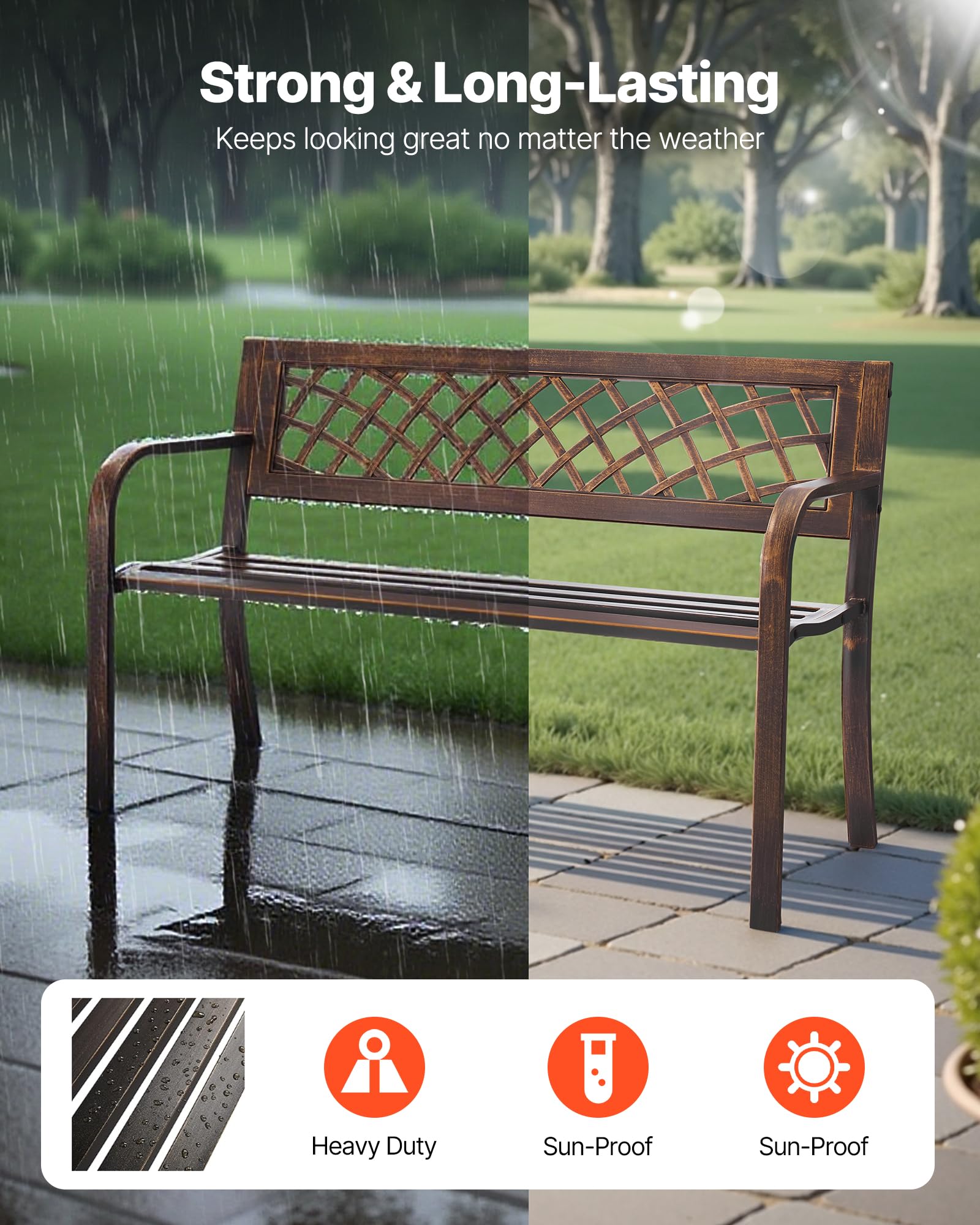 VEVOR bench side profile highlighting solid carbon steel legs and stable construction