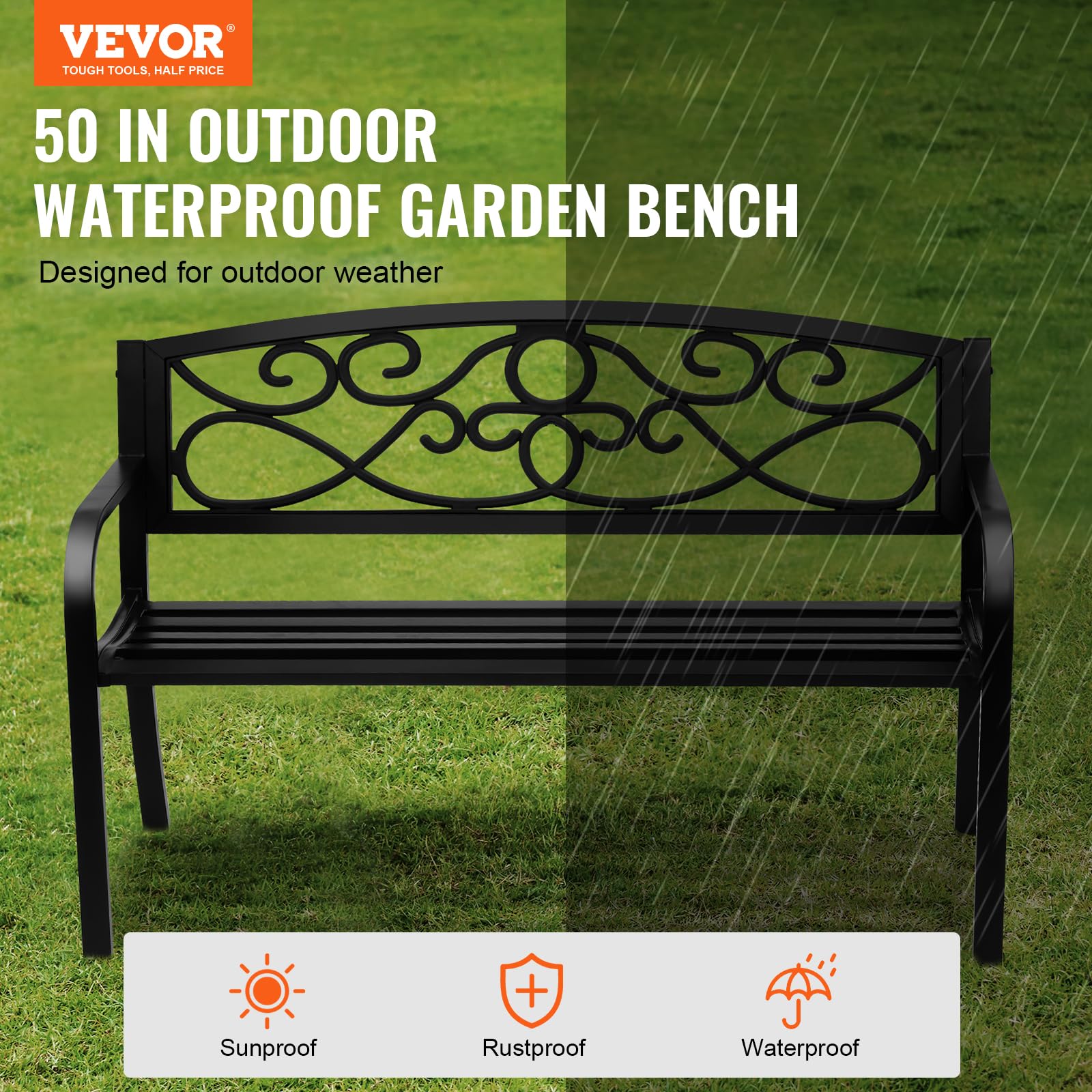 VEVOR bench side profile showing ergonomic backrest and armrests