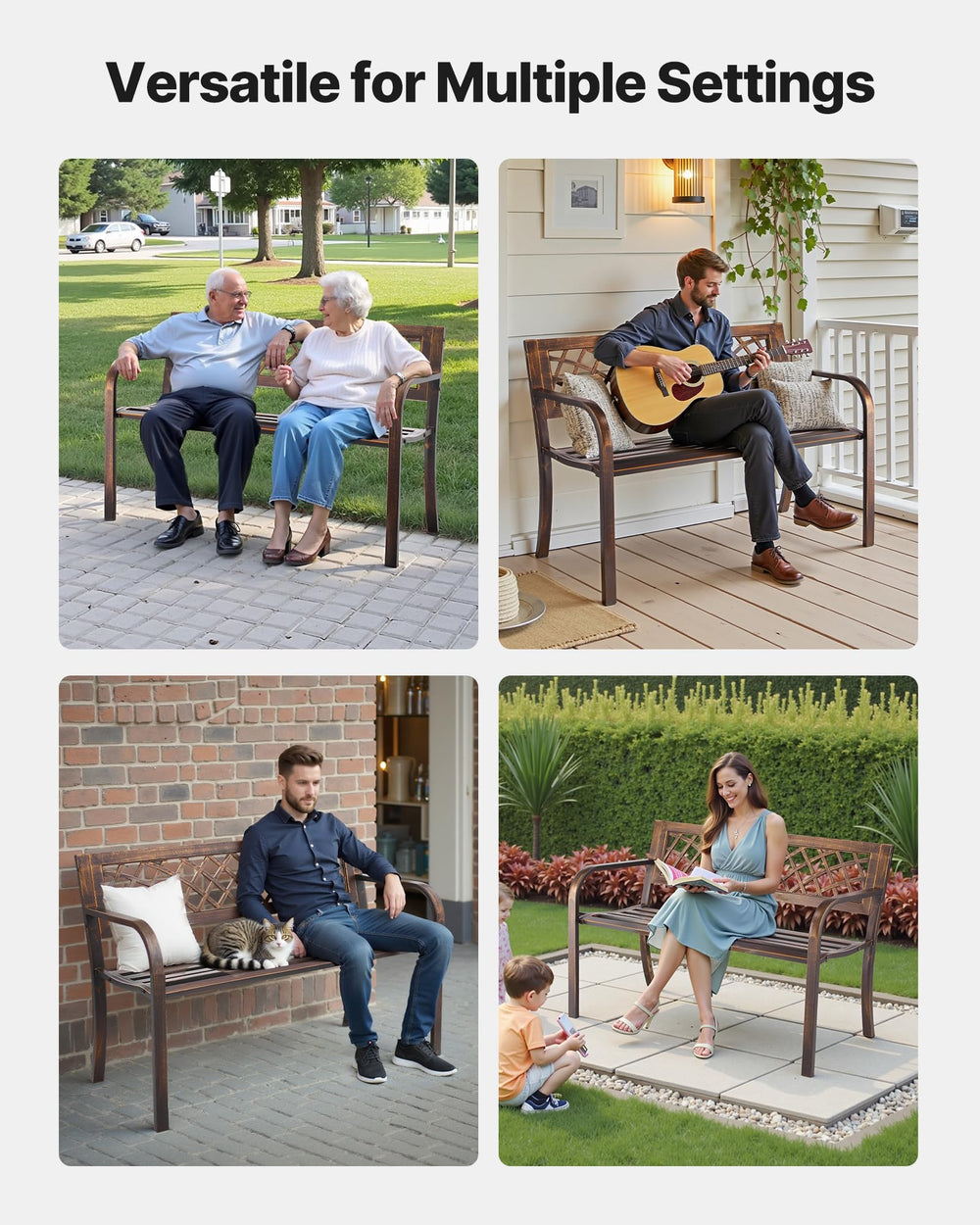 VEVOR bench with person for scale demonstrating two-seat capacity and real-world comfort