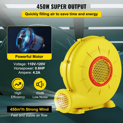 VEVOR blower outlet close-up showing 4.1-inch opening for secure inflatable connection