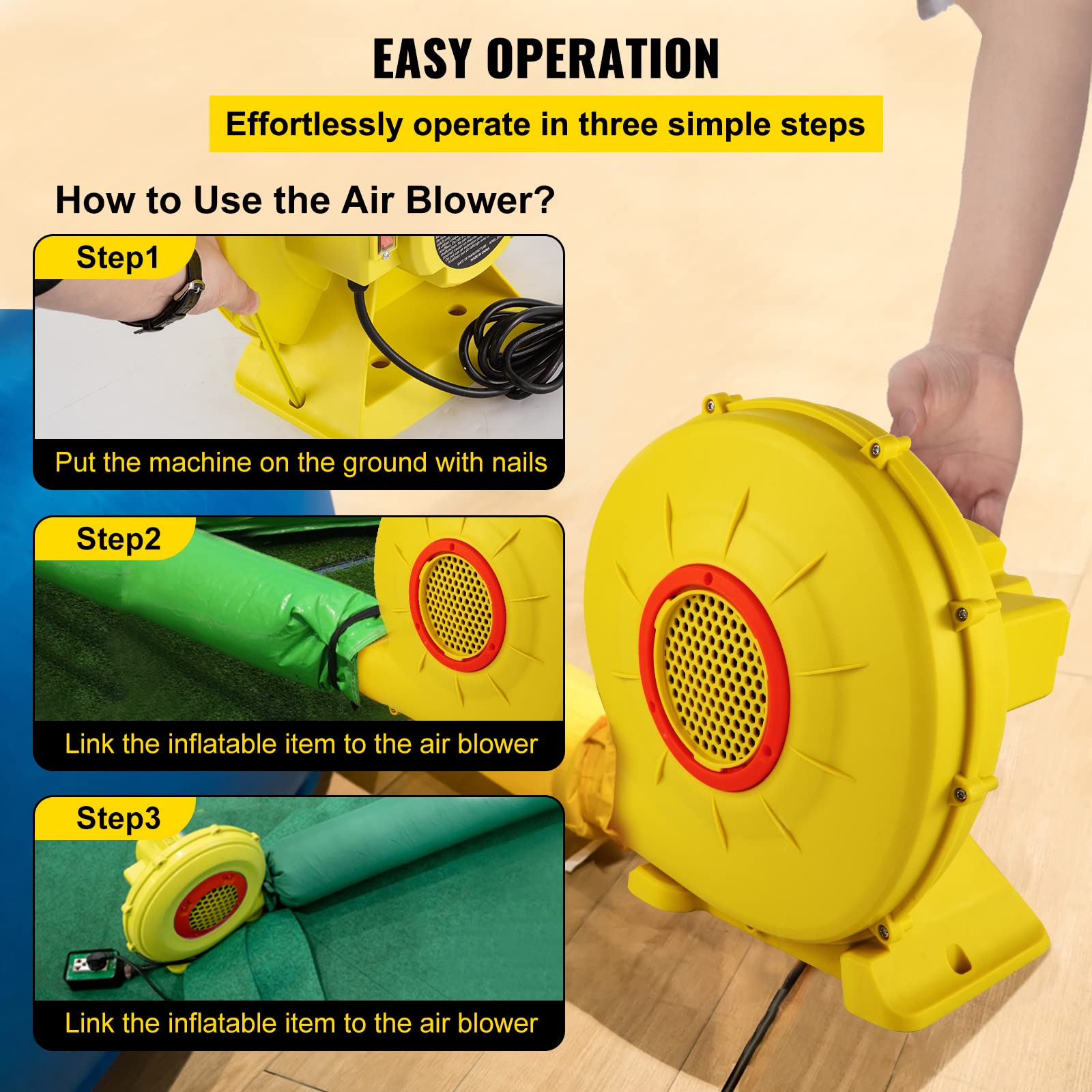 VEVOR blower side profile highlighting durable PP plastic body for long service life