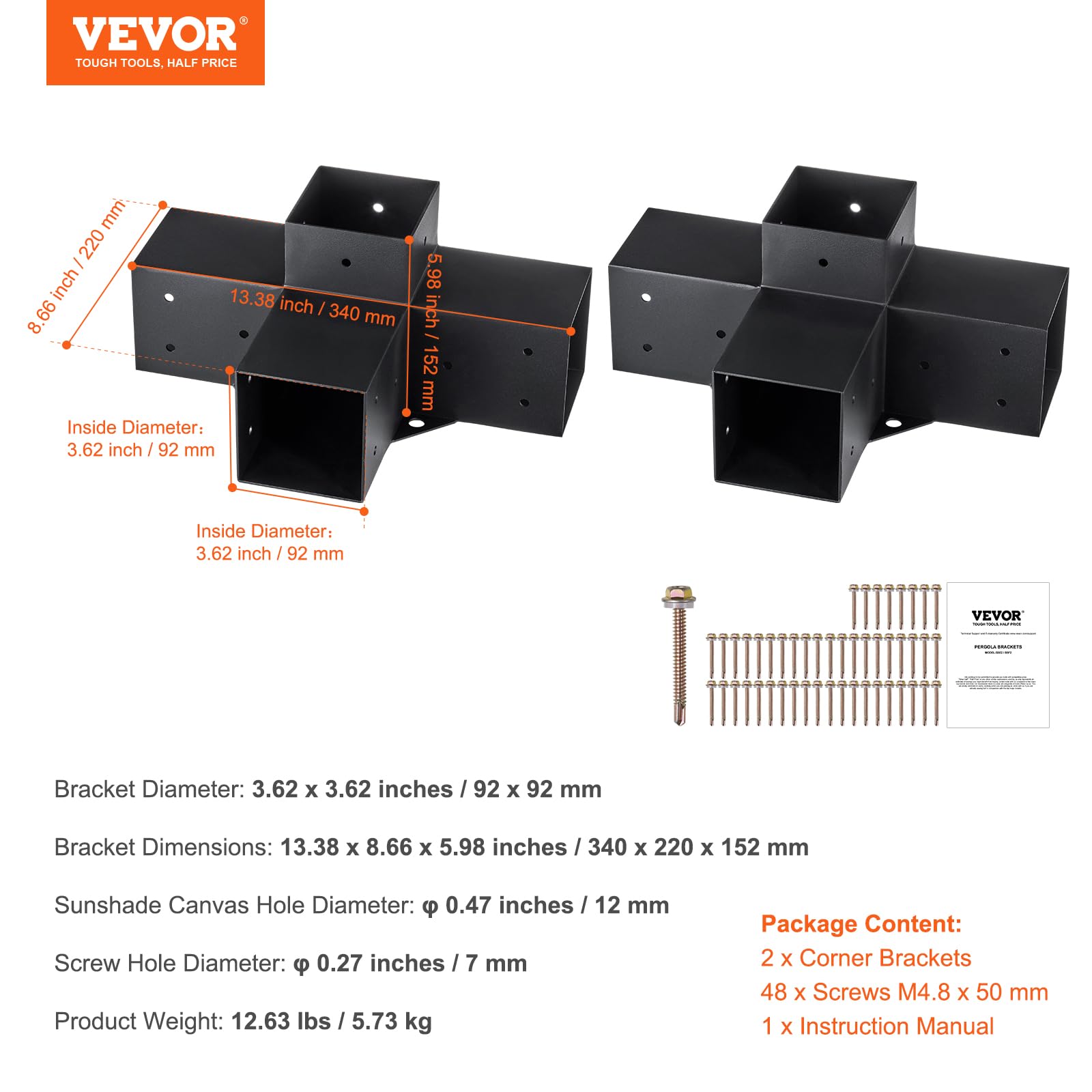 VEVOR bracket with the included 48 drill-tail screws ready for assembly convenience