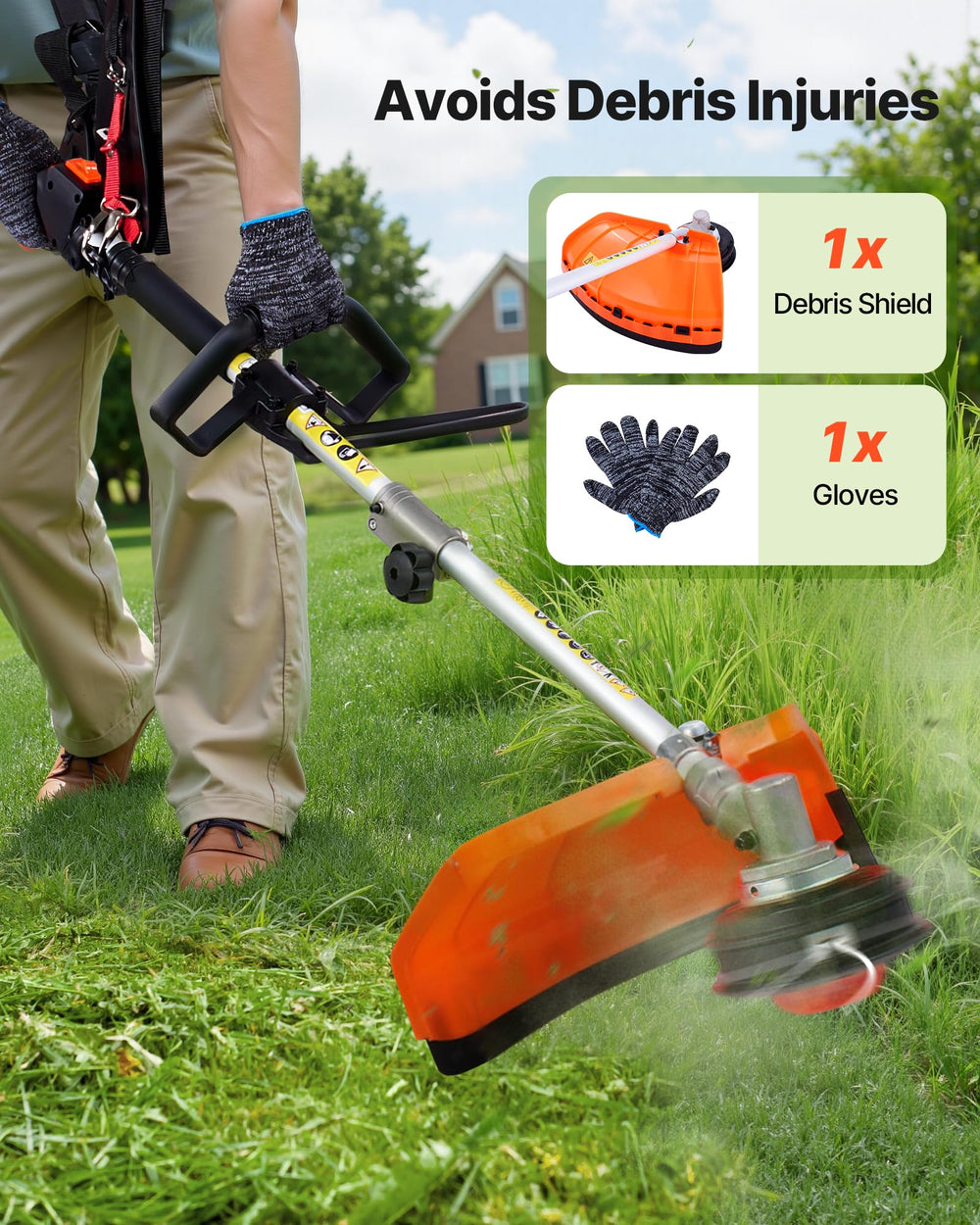 VEVOR brush cutter three‑tooth blade detail for tackling thick weeds and vines