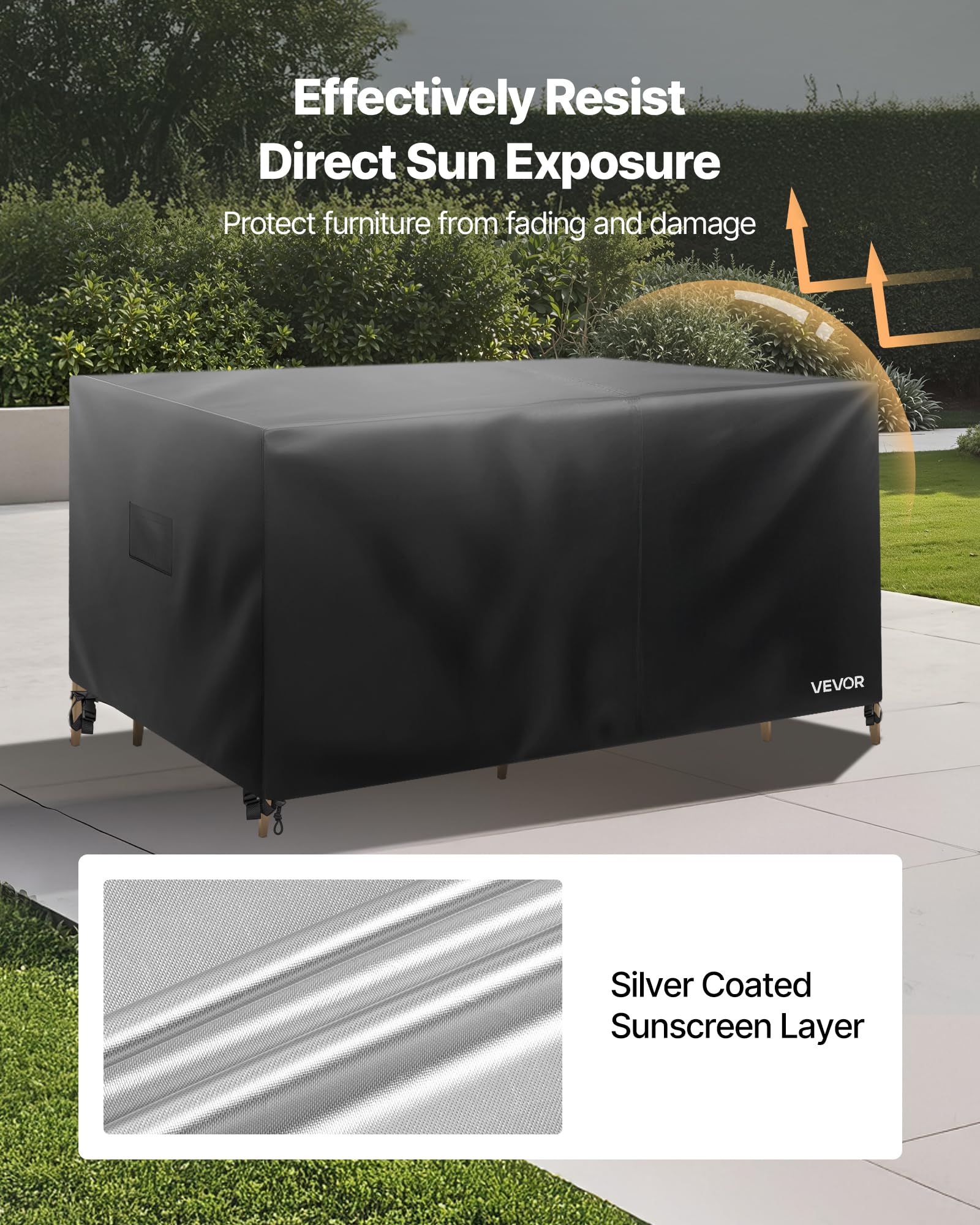 VEVOR buckle and elastic hem securing the cover to resist wind displacement