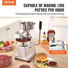VEVOR close-up of 130mm SUS304 food tray showing uniform patty shaping benefit