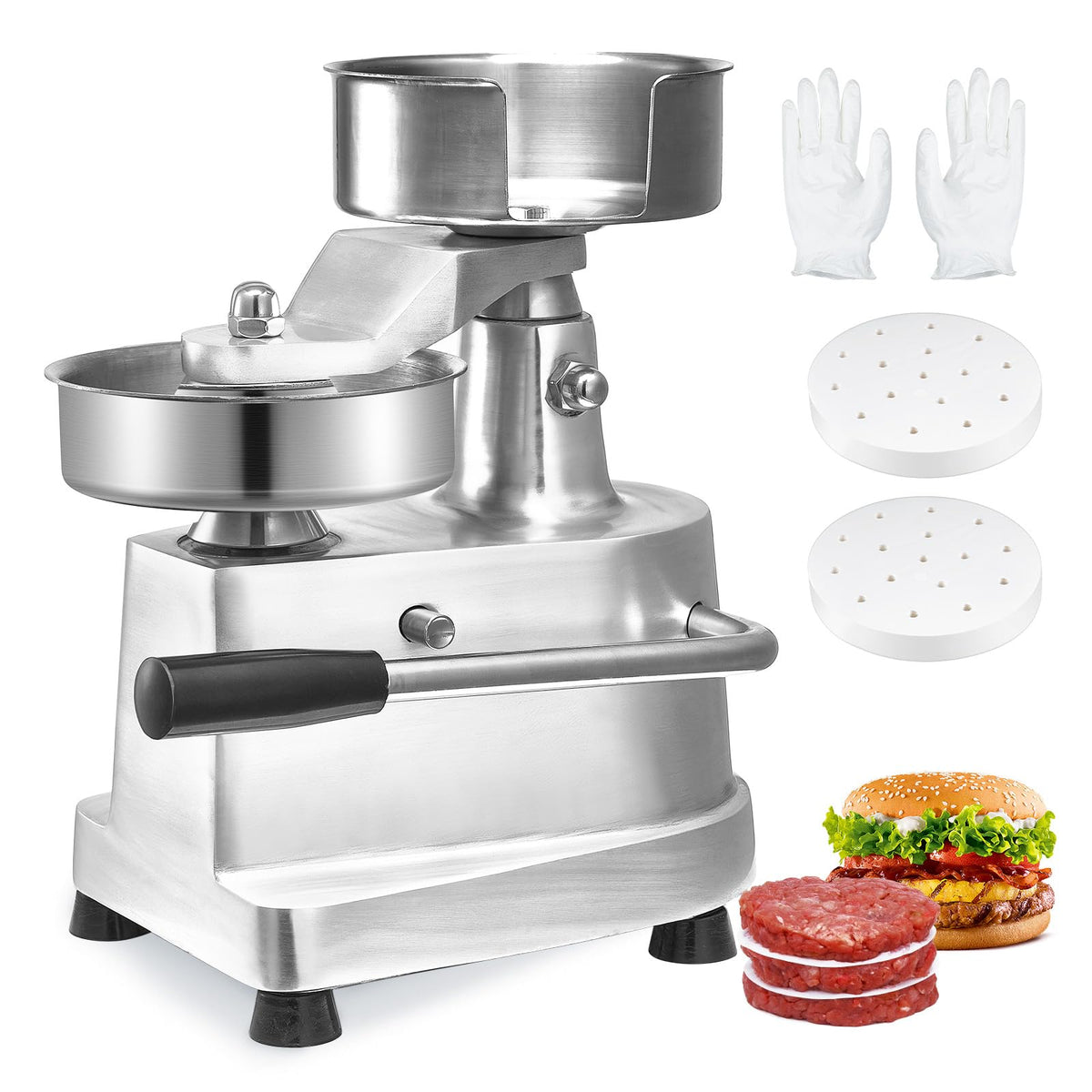 VEVOR front view of burger patty maker showing compact stainless build and fast output