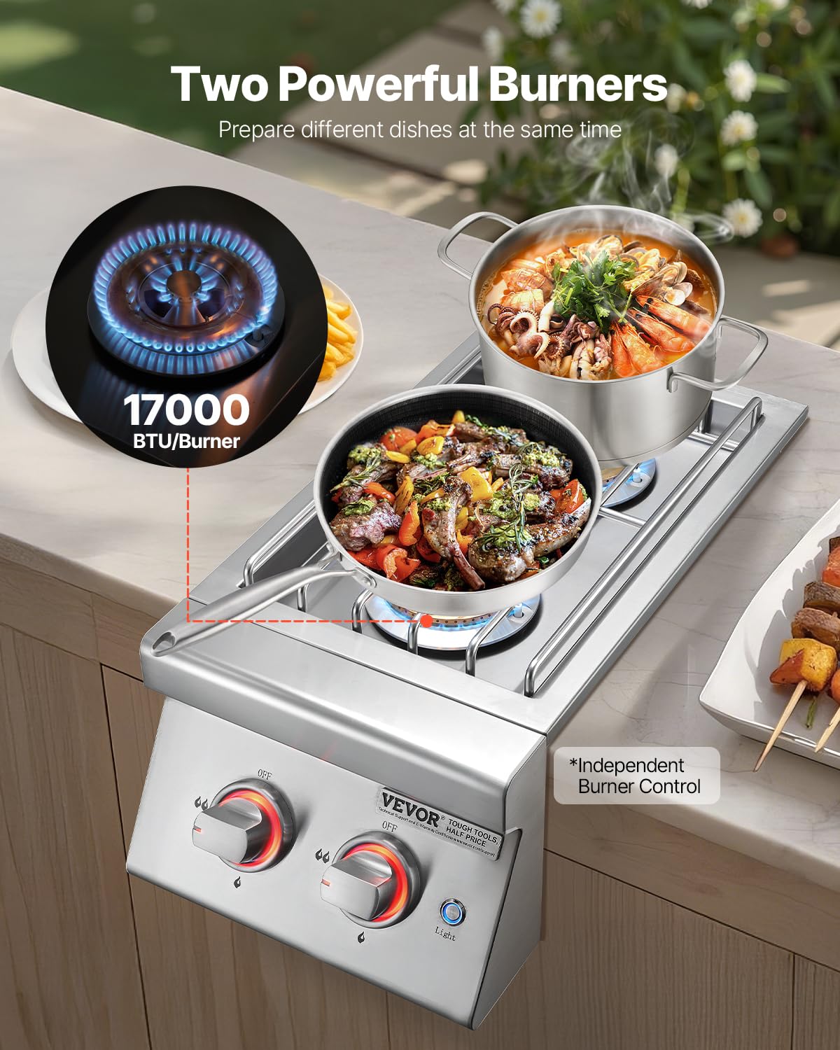 VEVOR burner close-up of removable grates highlighting stable support and easy cleaning