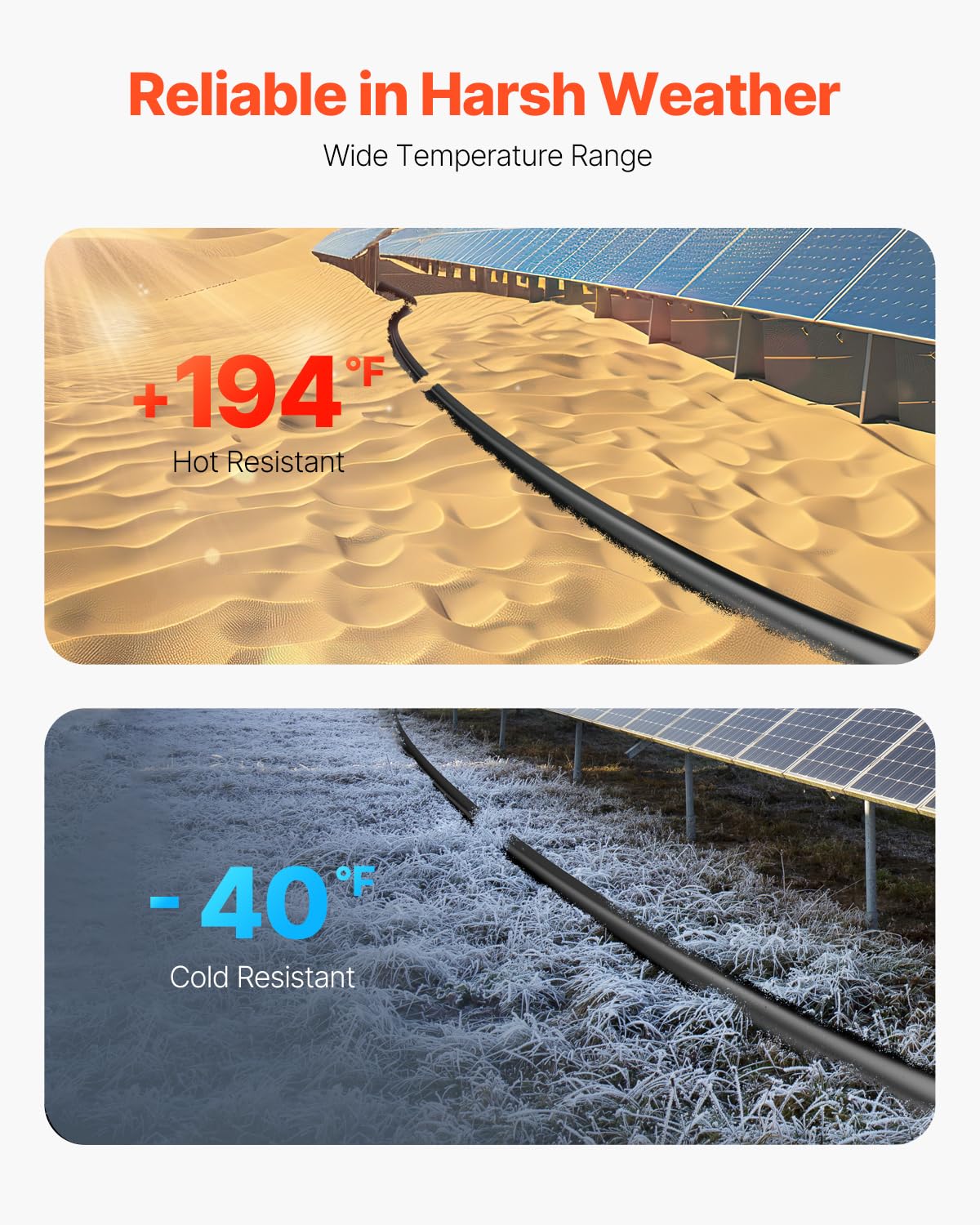 VEVOR cable label showing temperature range and TÜV certification for reliable outdoor use