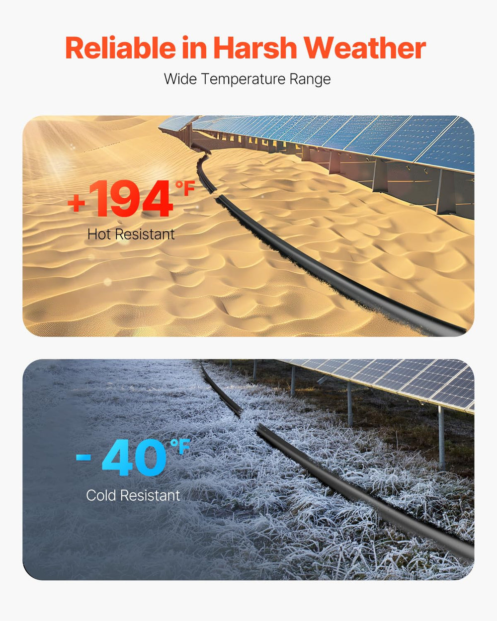 VEVOR cable label showing temperature range and TÜV certification for reliable outdoor use
